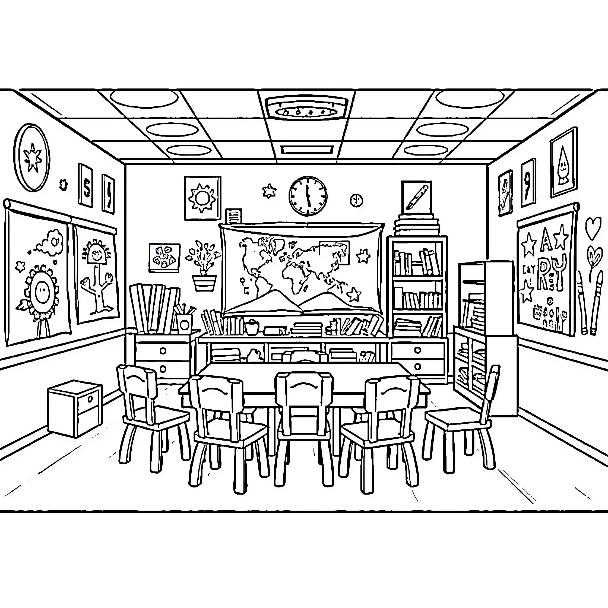 Kindergarten Students Engaged in Classroom Activities Coloring Page (free black-and-white line drawing printable PDF for all, from beginners to advanced learners, including children, teens, adults, and seniors)