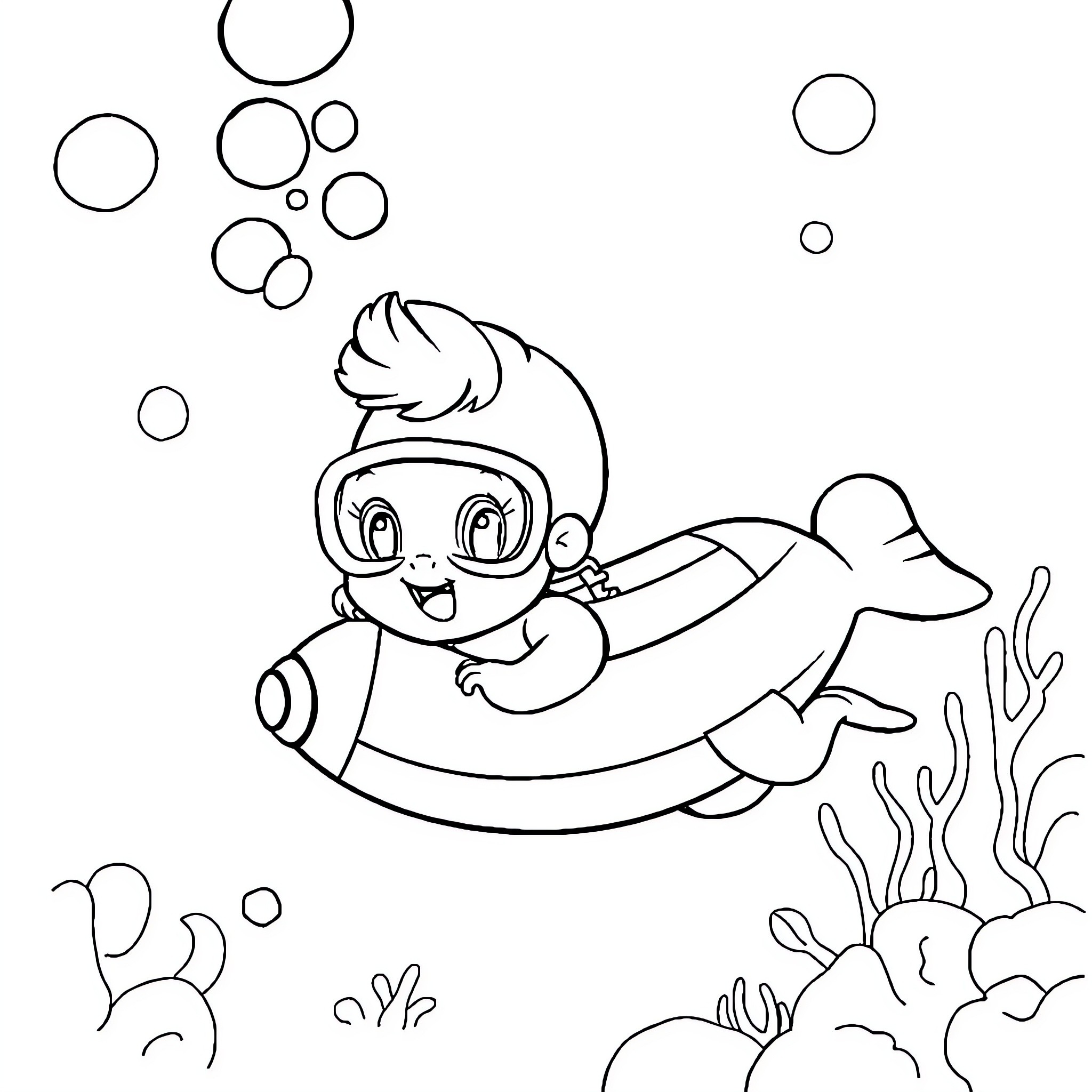 Bebe snorkeling underwater with sea creatures Coloring Page (free black-and-white line drawing printable PDF for all, from beginners to advanced learners, including children, teens, adults, and seniors)