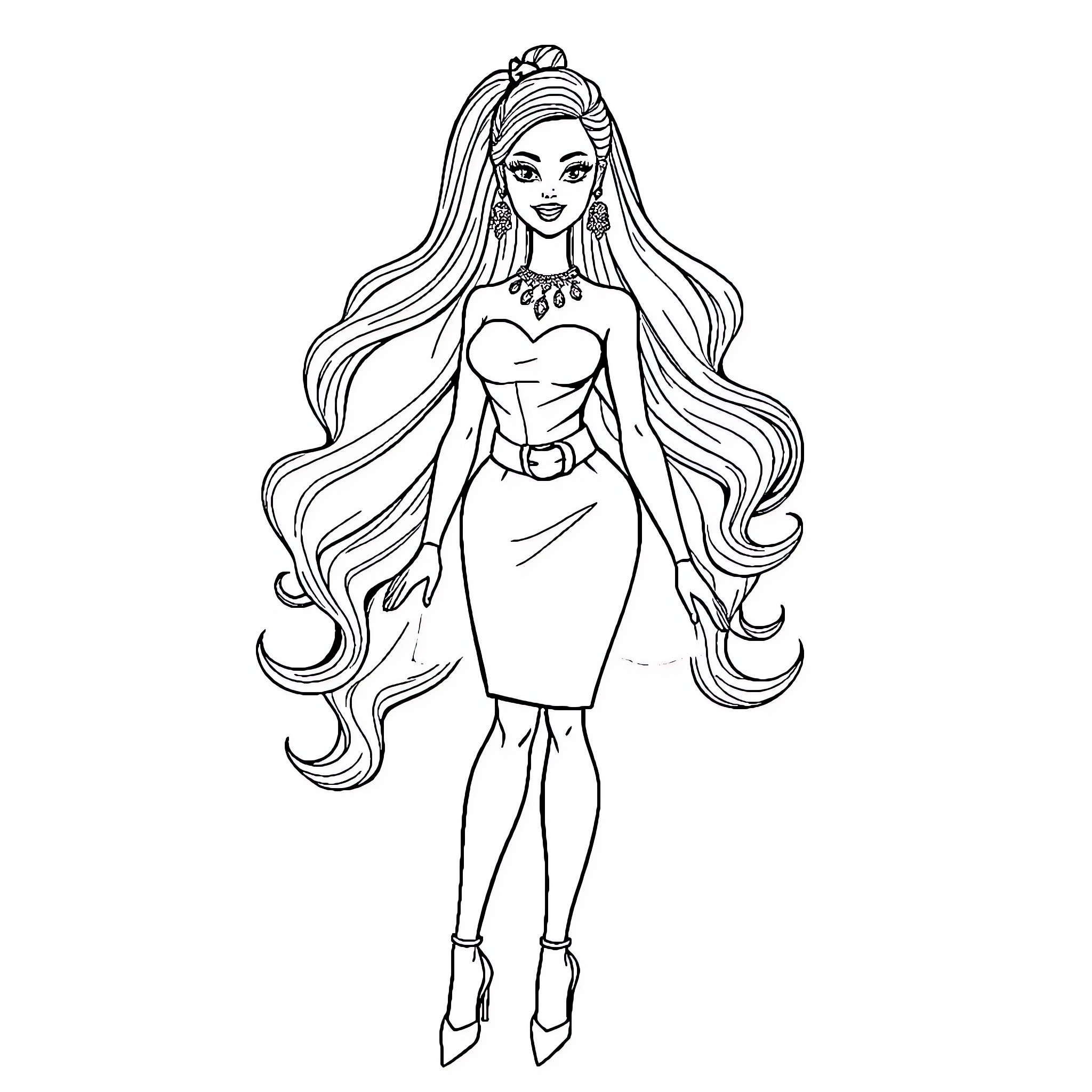 Barbie in Elegant Gown and Flowing Hair Coloring Page (free black-and-white line drawing printable PDF for all, from beginners to advanced learners, including children, teens, adults, and seniors)
