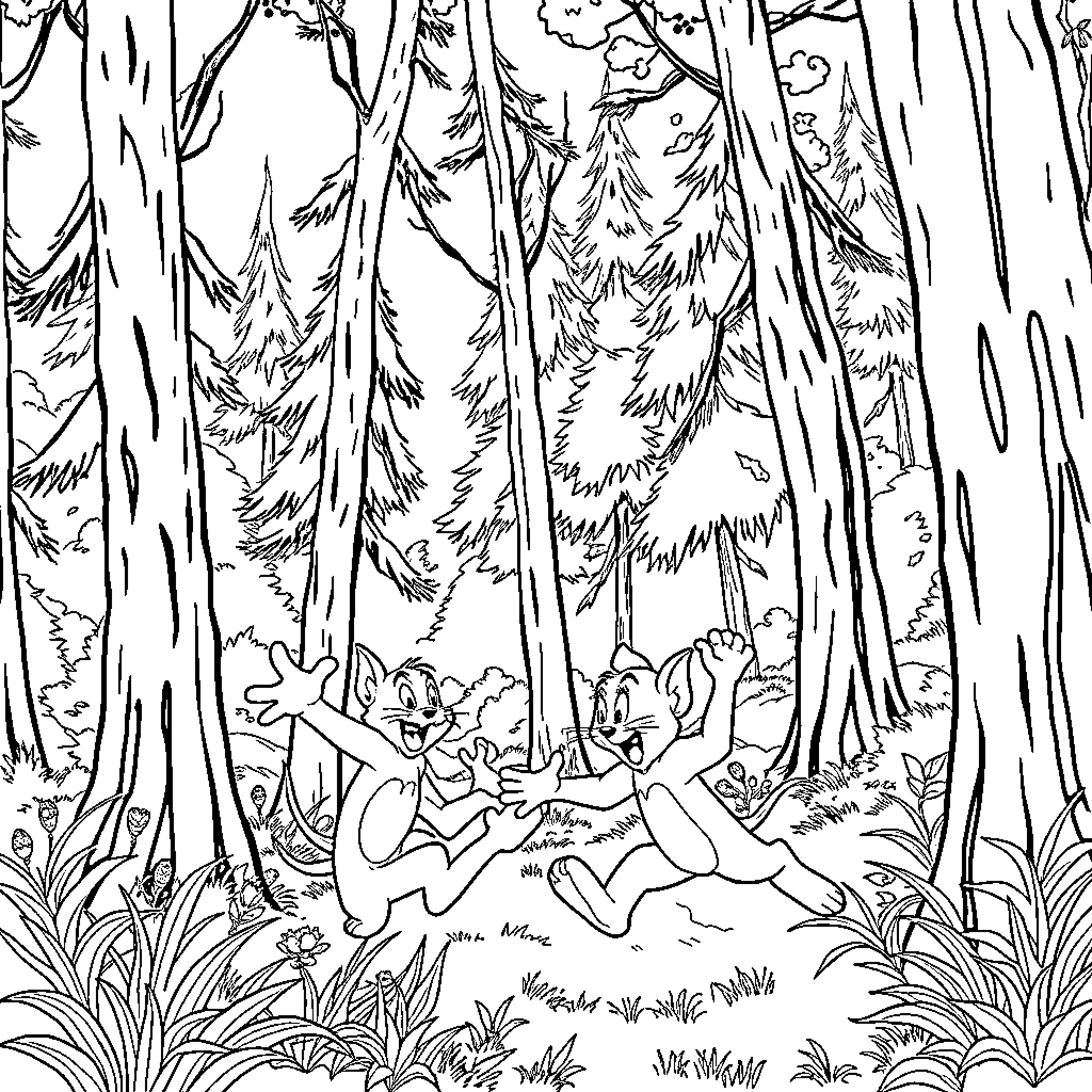 Tom and Jerry chasing adventure in the forest Coloring Page (free black-and-white line drawing printable PDF for all, from beginners to advanced learners, including children, teens, adults, and seniors)
