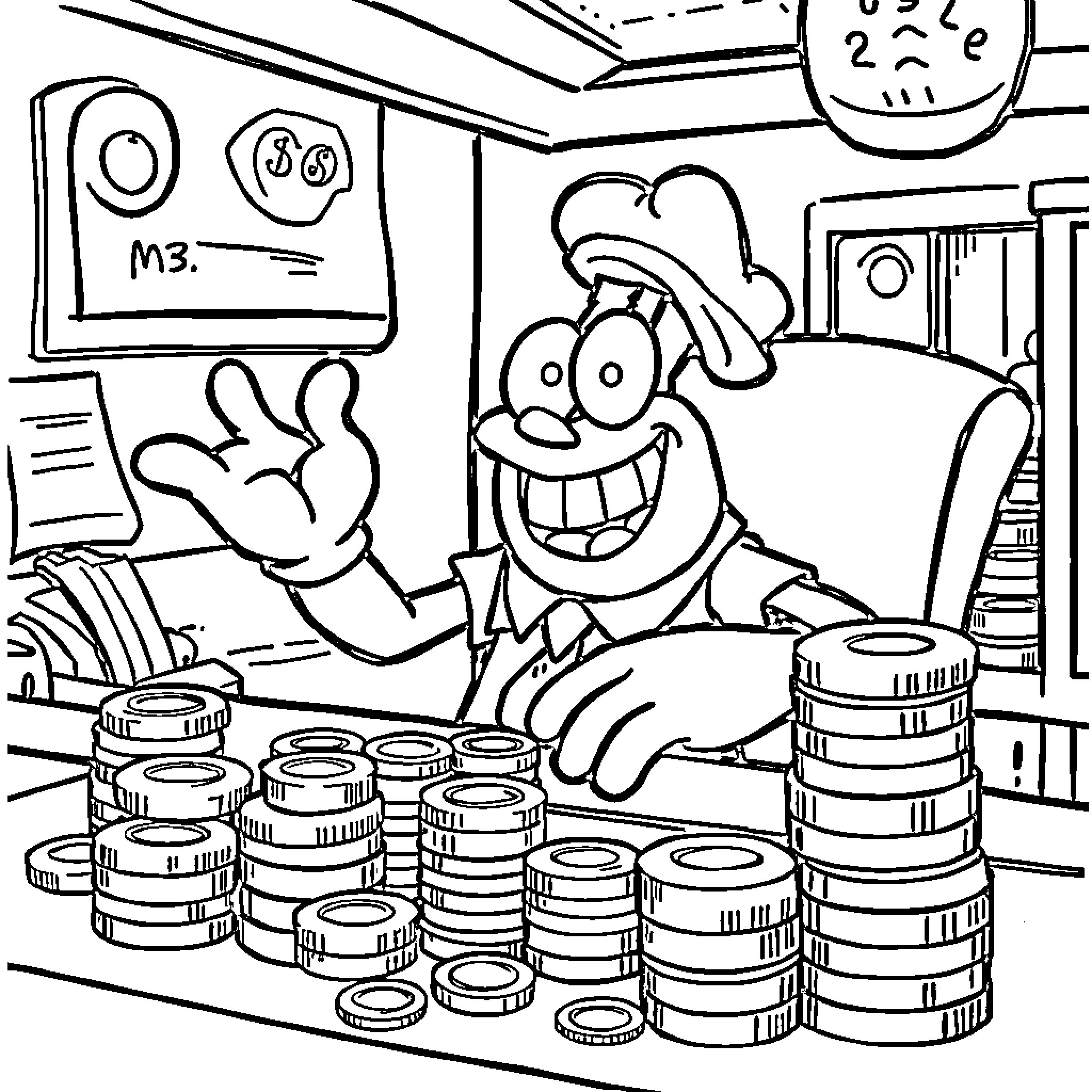 Mr. Krabs Counting His Money Happily Coloring Page (free black-and-white line drawing printable PDF for all, from beginners to advanced learners, including children, teens, adults, and seniors)
