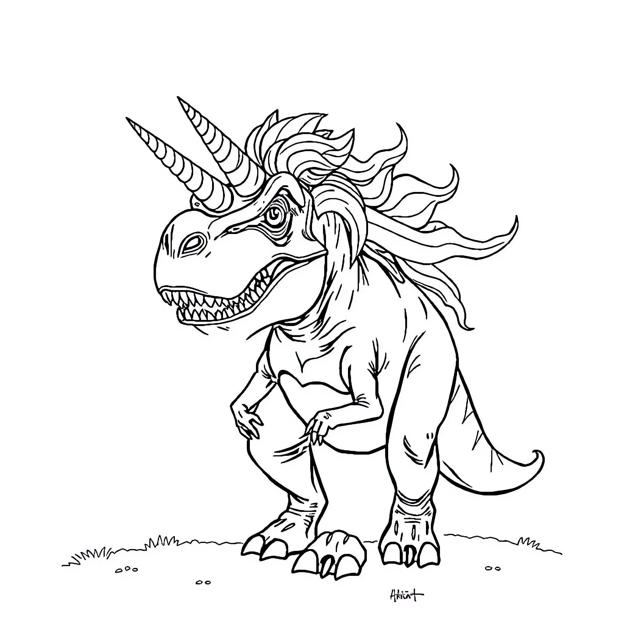 T-Rex unicorn in fantasy landscape Coloring Page (free black-and-white line drawing printable PDF for all, from beginners to advanced learners, including children, teens, adults, and seniors)