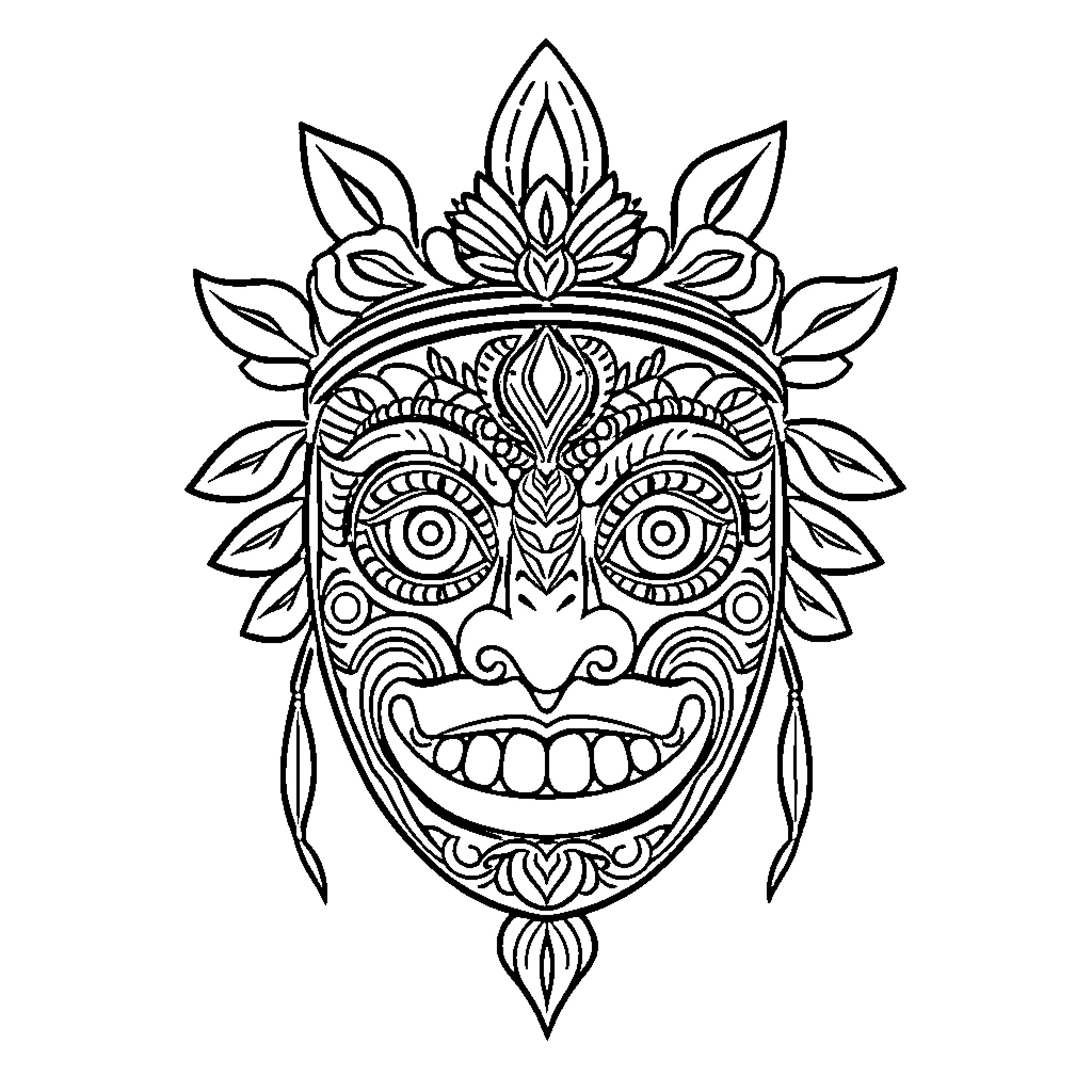 Kanak Mask with Intricate Tribal Designs Coloring Page (free black-and-white line drawing printable PDF for all, from beginners to advanced learners, including children, teens, adults, and seniors)