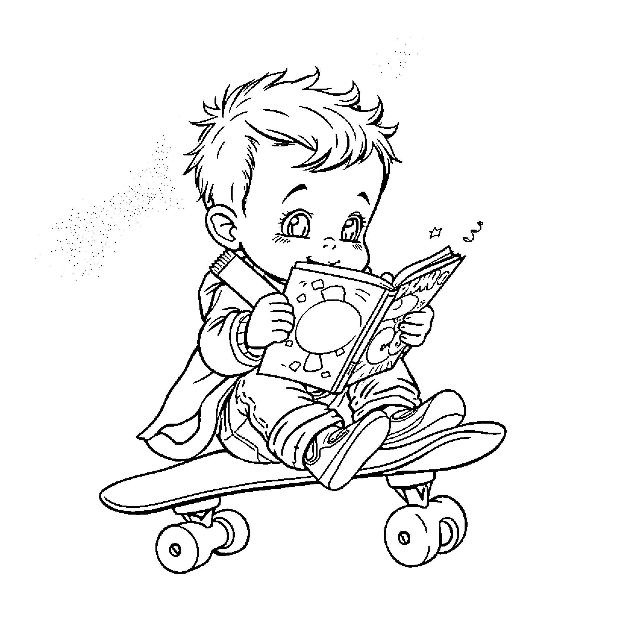 Baby reading book on skateboard Coloring Page (free black-and-white line drawing printable PDF for all, from beginners to advanced learners, including children, teens, adults, and seniors)