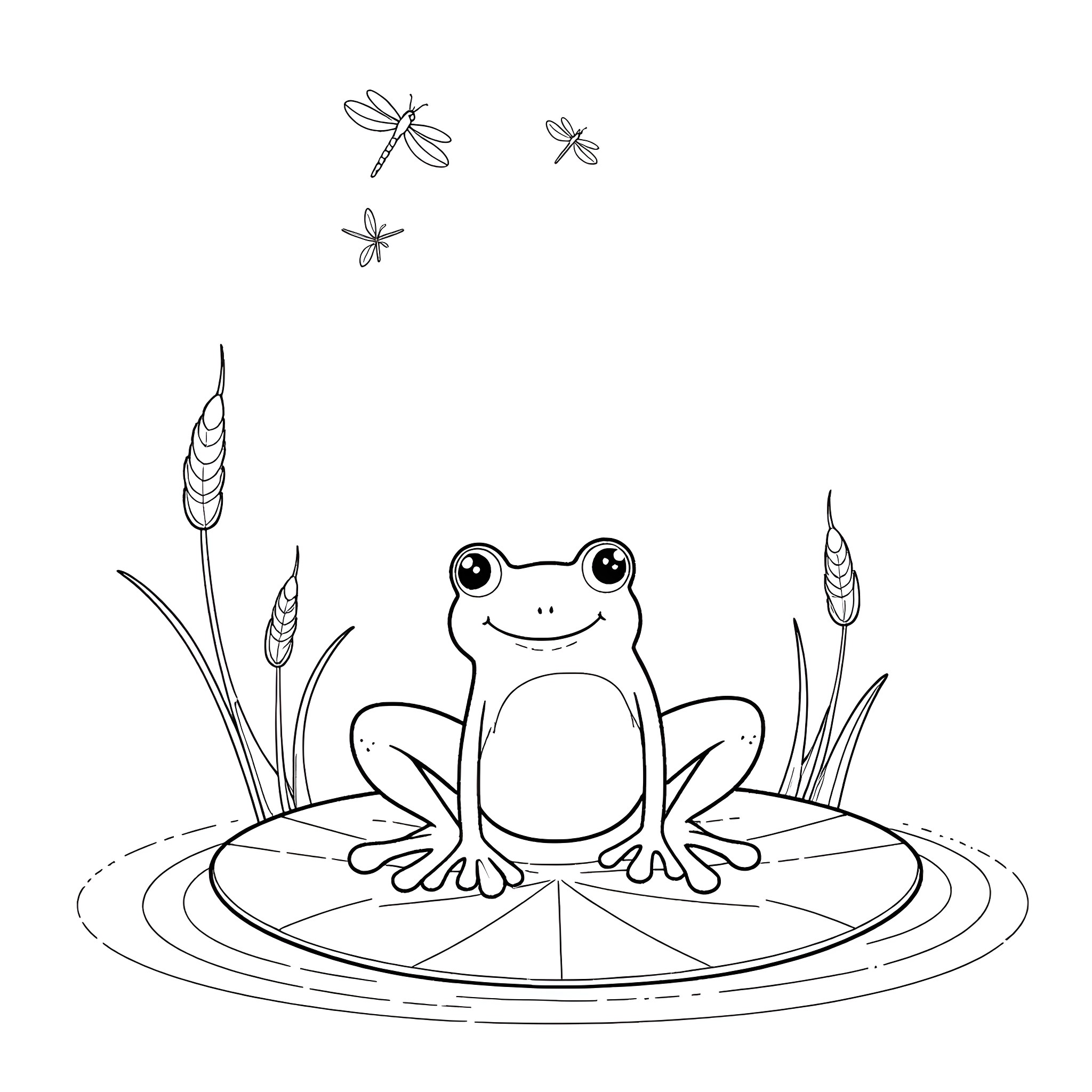 Frog enjoying the pond with dragonflies Coloring Page (free black-and-white line drawing printable PDF for all, from beginners to advanced learners, including children, teens, adults, and seniors)