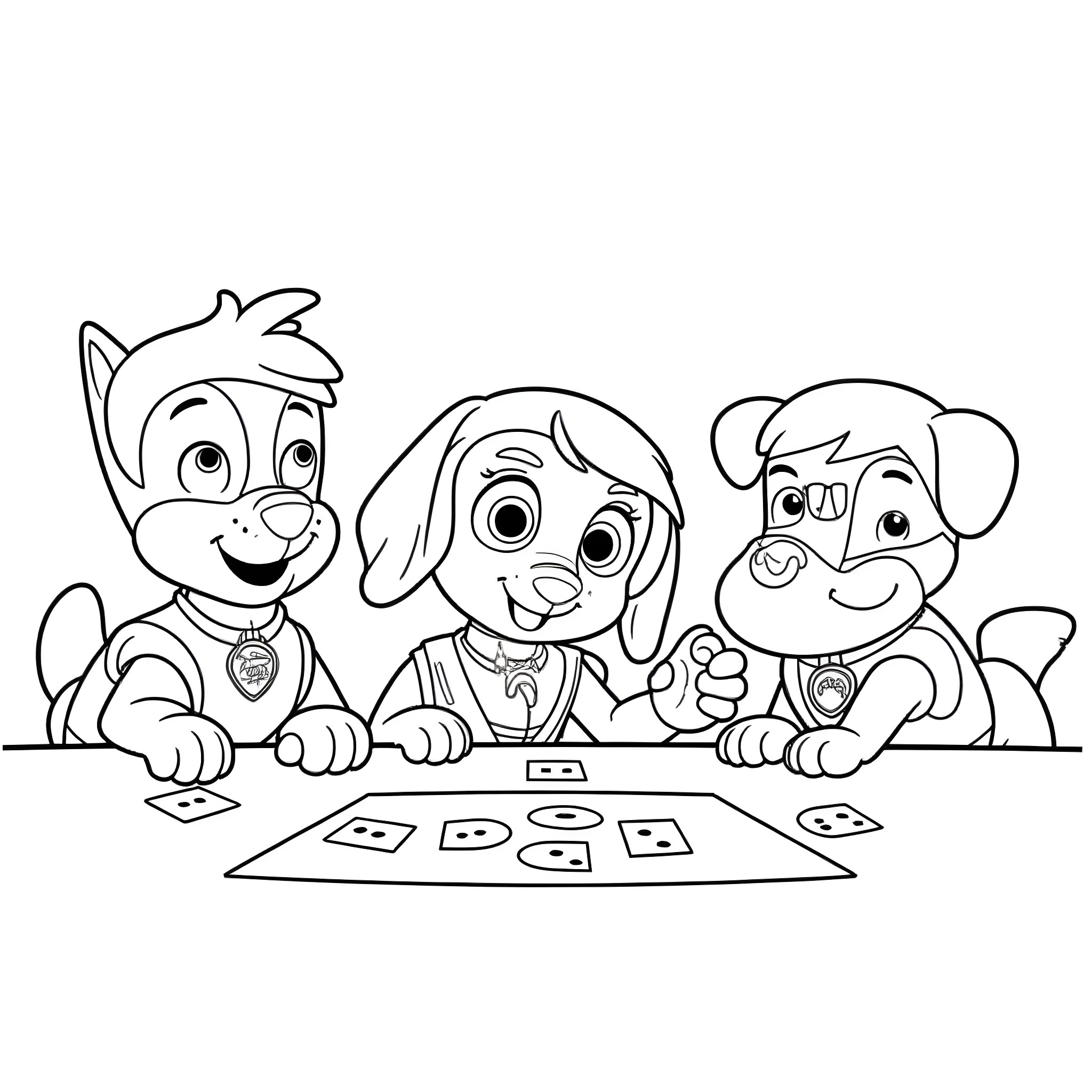 Paw Patrol characters playing games together Coloring Page (free black-and-white line drawing printable PDF for all, from beginners to advanced learners, including children, teens, adults, and seniors)