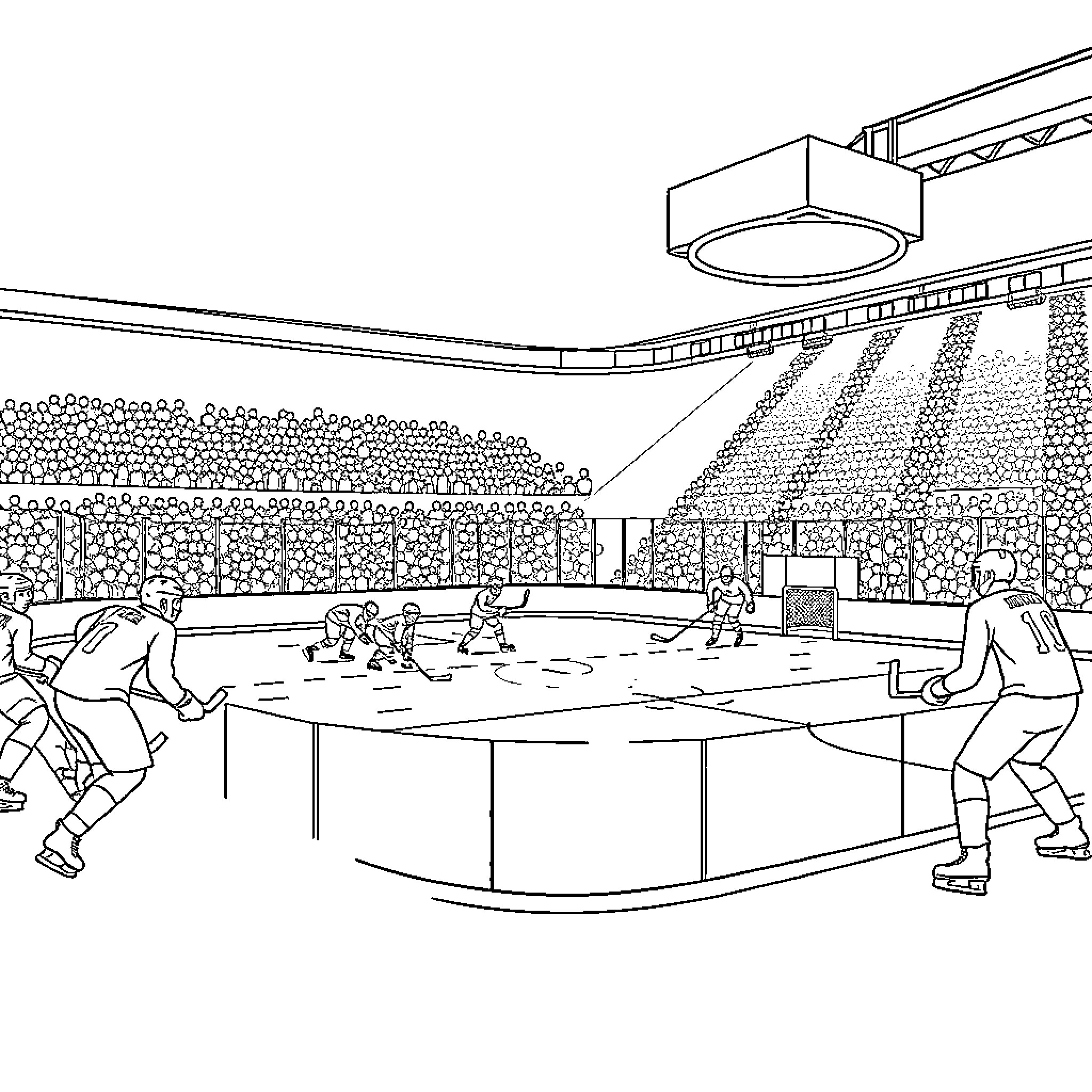 Hockey players in action on the rink Coloring Page (free black-and-white line drawing printable PDF for all, from beginners to advanced learners, including children, teens, adults, and seniors)