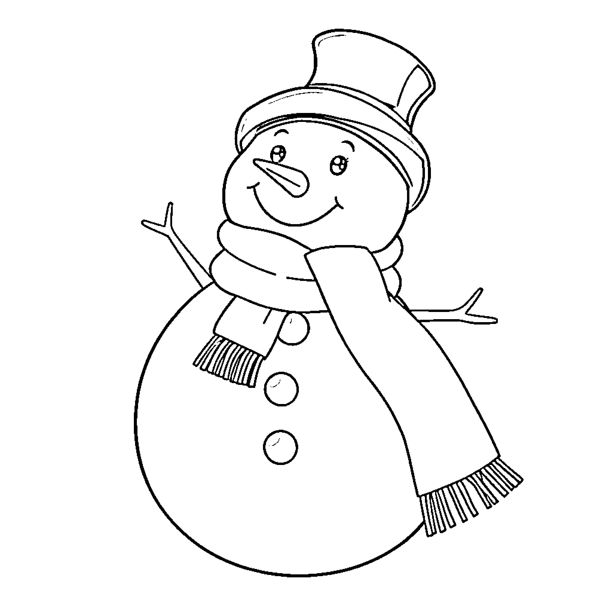 Snowman waving and smiling in winter attire Coloring Page (free black-and-white line drawing printable PDF for all, from beginners to advanced learners, including children, teens, adults, and seniors)