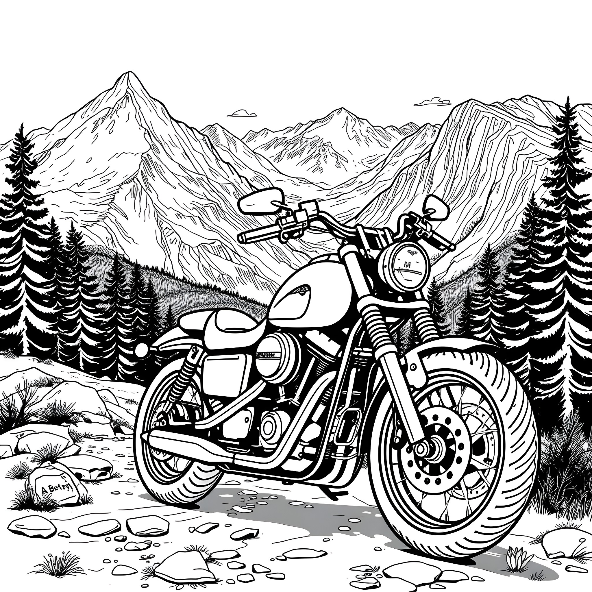 Motorcycle adventure through scenic mountain landscape Coloring Page (free black-and-white line drawing printable PDF for all, from beginners to advanced learners, including children, teens, adults, and seniors)