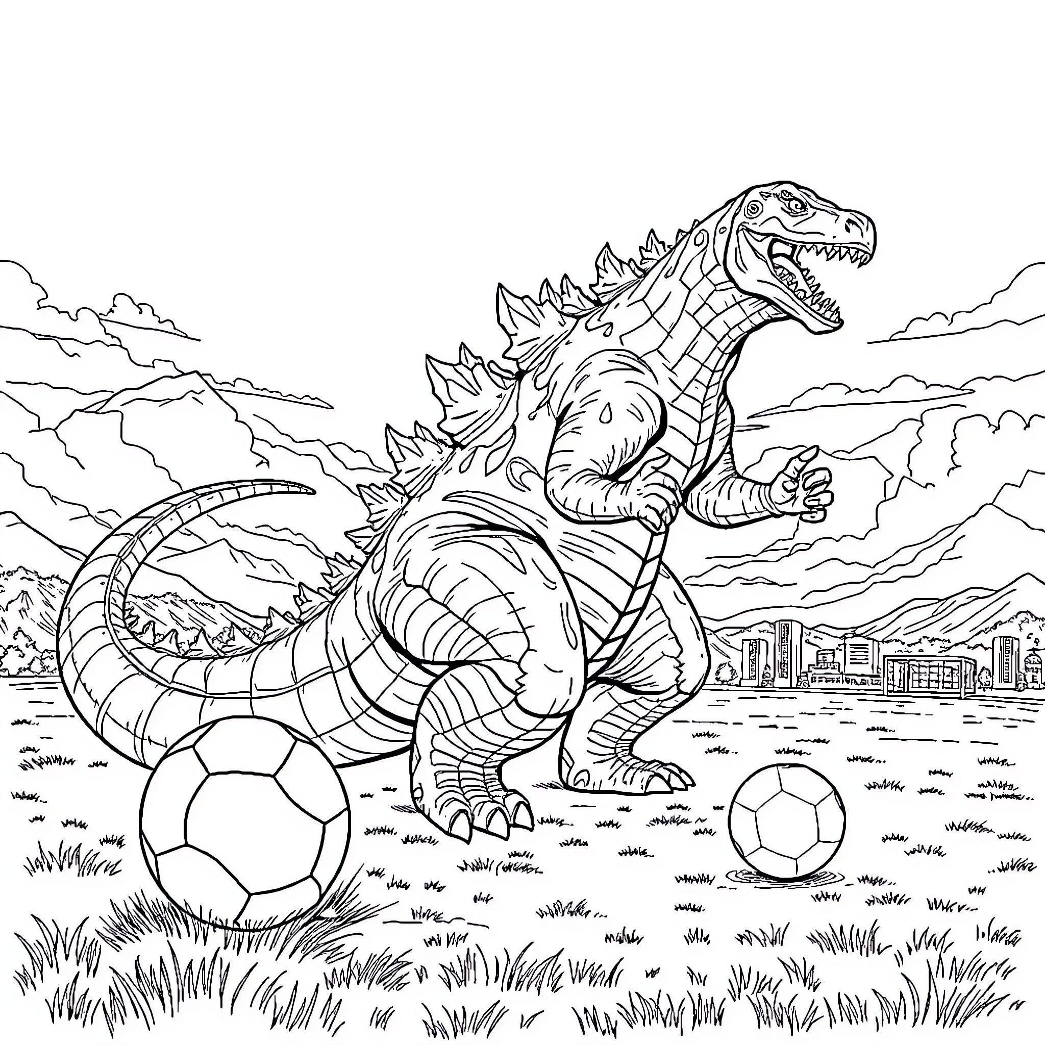 Godzilla playing with sports equipment in city outskirts Coloring Page (free black-and-white line drawing printable PDF for all, from beginners to advanced learners, including children, teens, adults, and seniors)