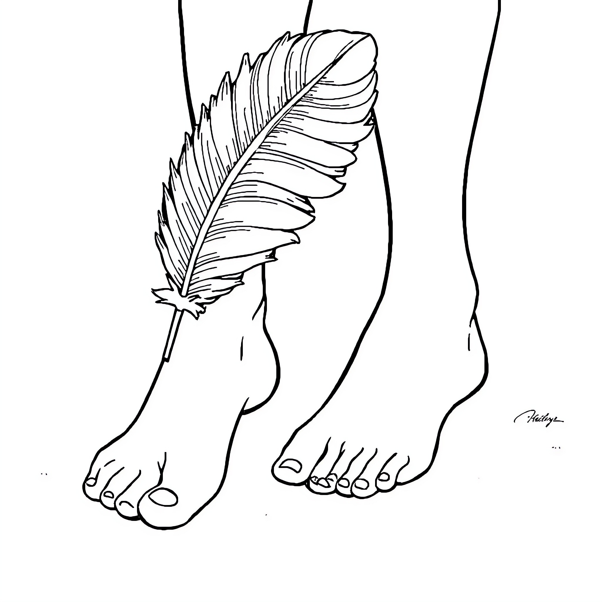 Foot with feather floating near toes Coloring Page (free black-and-white line drawing printable PDF for all, from beginners to advanced learners, including children, teens, adults, and seniors)