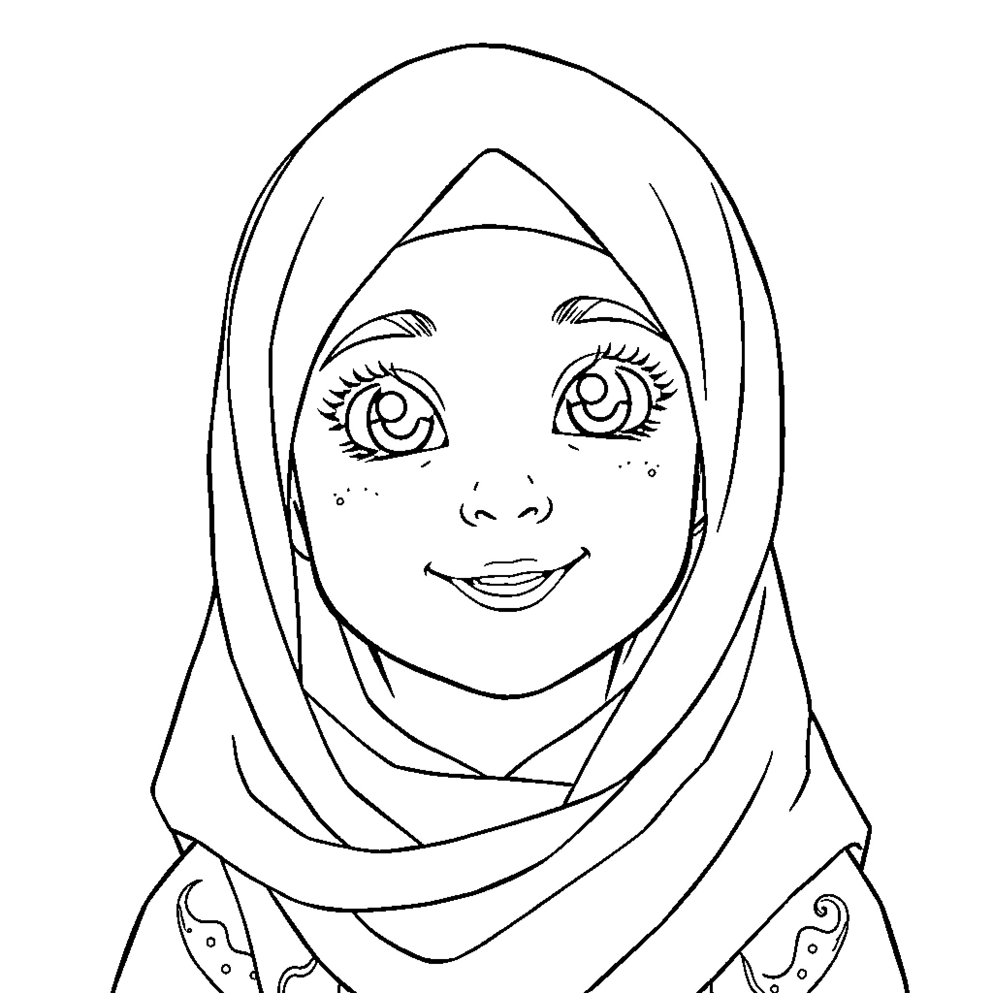 Fatimah's Joyful Expression in Hijab Coloring Page (free black-and-white line drawing printable PDF for all, from beginners to advanced learners, including children, teens, adults, and seniors)
