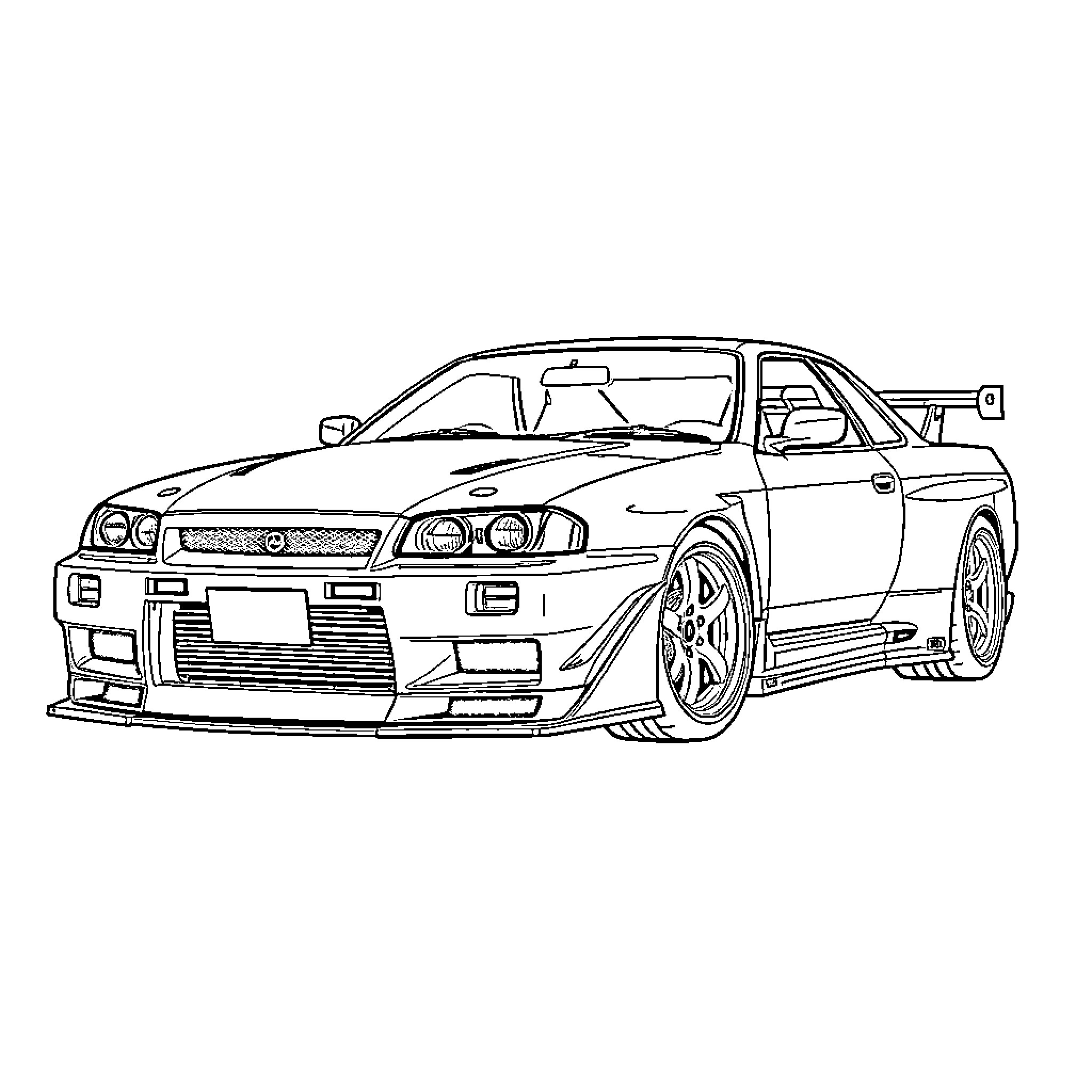 Nissan Skyline GTR showcasing dynamic racing stance Coloring Page (free black-and-white line drawing printable PDF for all, from beginners to advanced learners, including children, teens, adults, and seniors)