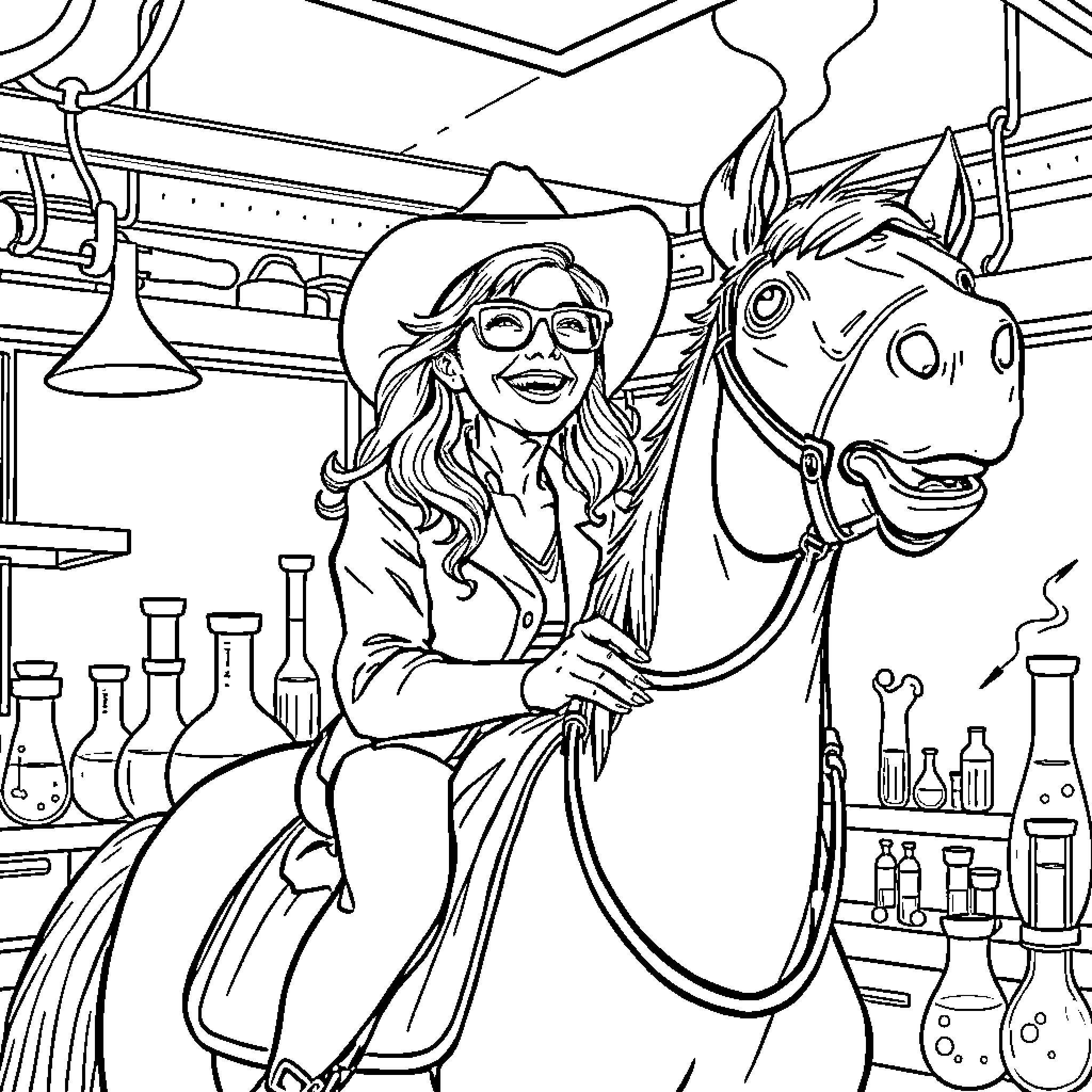 Woman riding a toy horse in a laboratory setting Coloring Page (free black-and-white line drawing printable PDF for all, from beginners to advanced learners, including children, teens, adults, and seniors)
