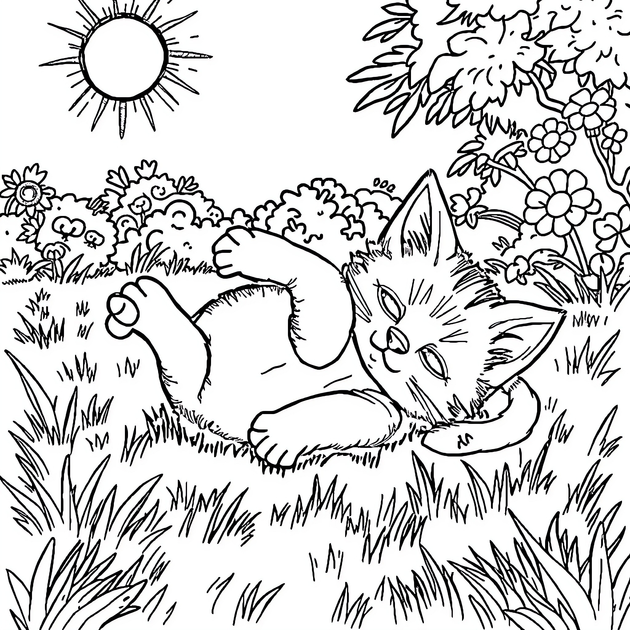 Kitten exploring the garden Coloring Page (free black-and-white line drawing printable PDF for all, from beginners to advanced learners, including children, teens, adults, and seniors)