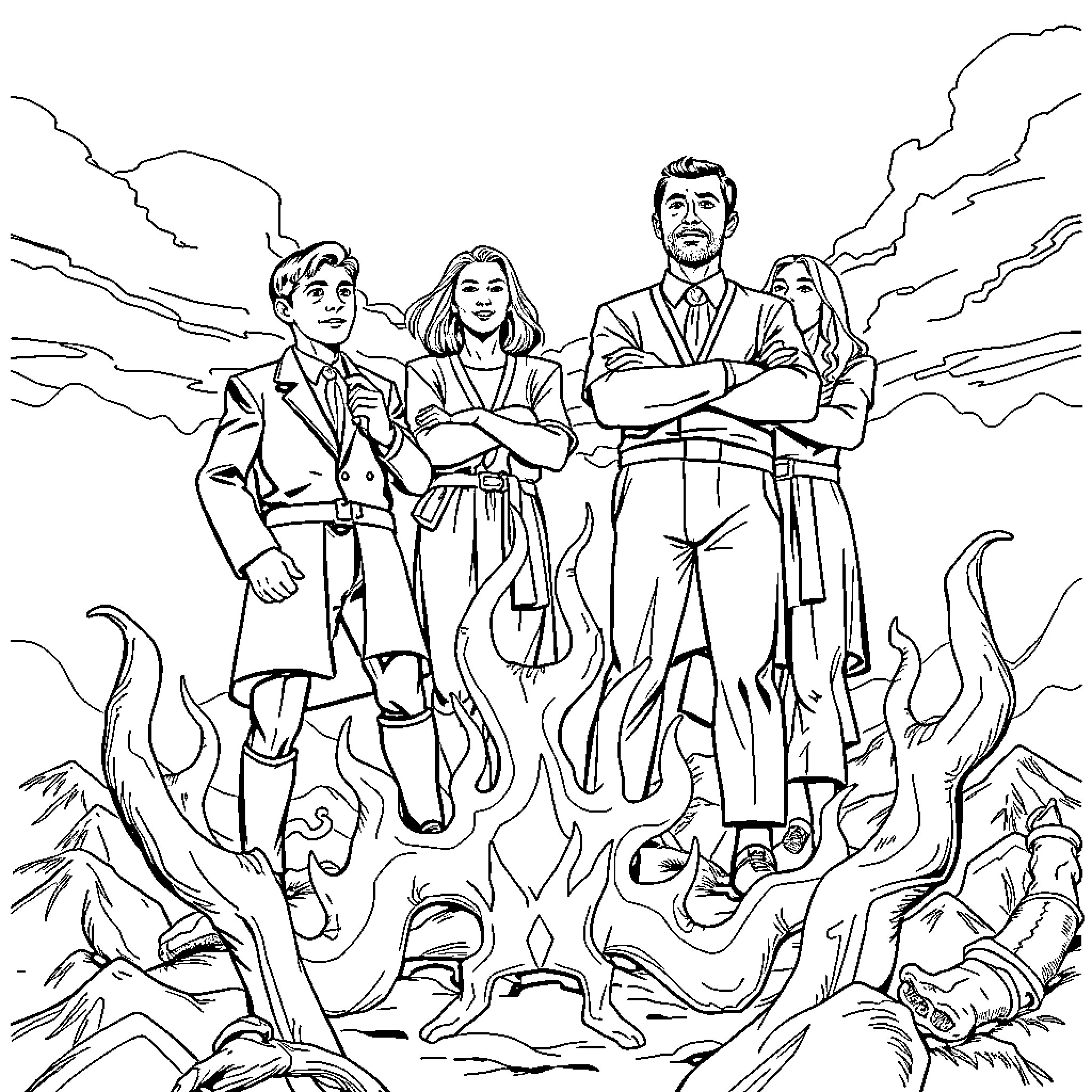 Missionary group standing firm amidst adversity Coloring Page (free black-and-white line drawing printable PDF for all, from beginners to advanced learners, including children, teens, adults, and seniors)