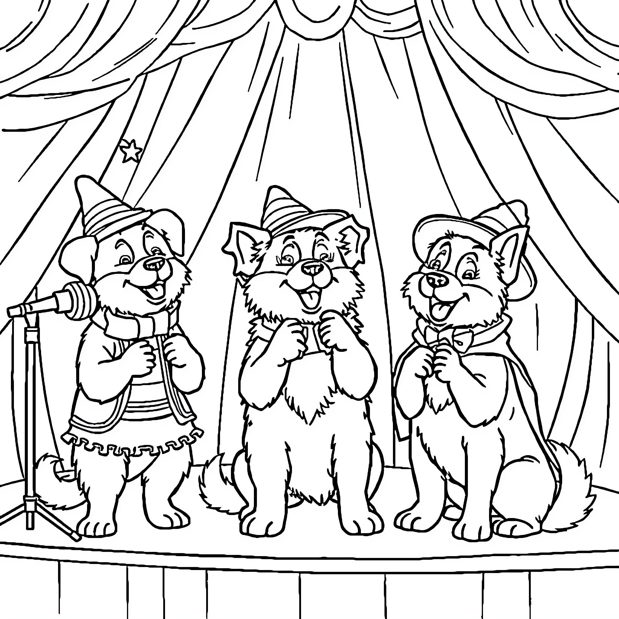 Dog performers entertaining on stage Coloring Page (free black-and-white line drawing printable PDF for all, from beginners to advanced learners, including children, teens, adults, and seniors)