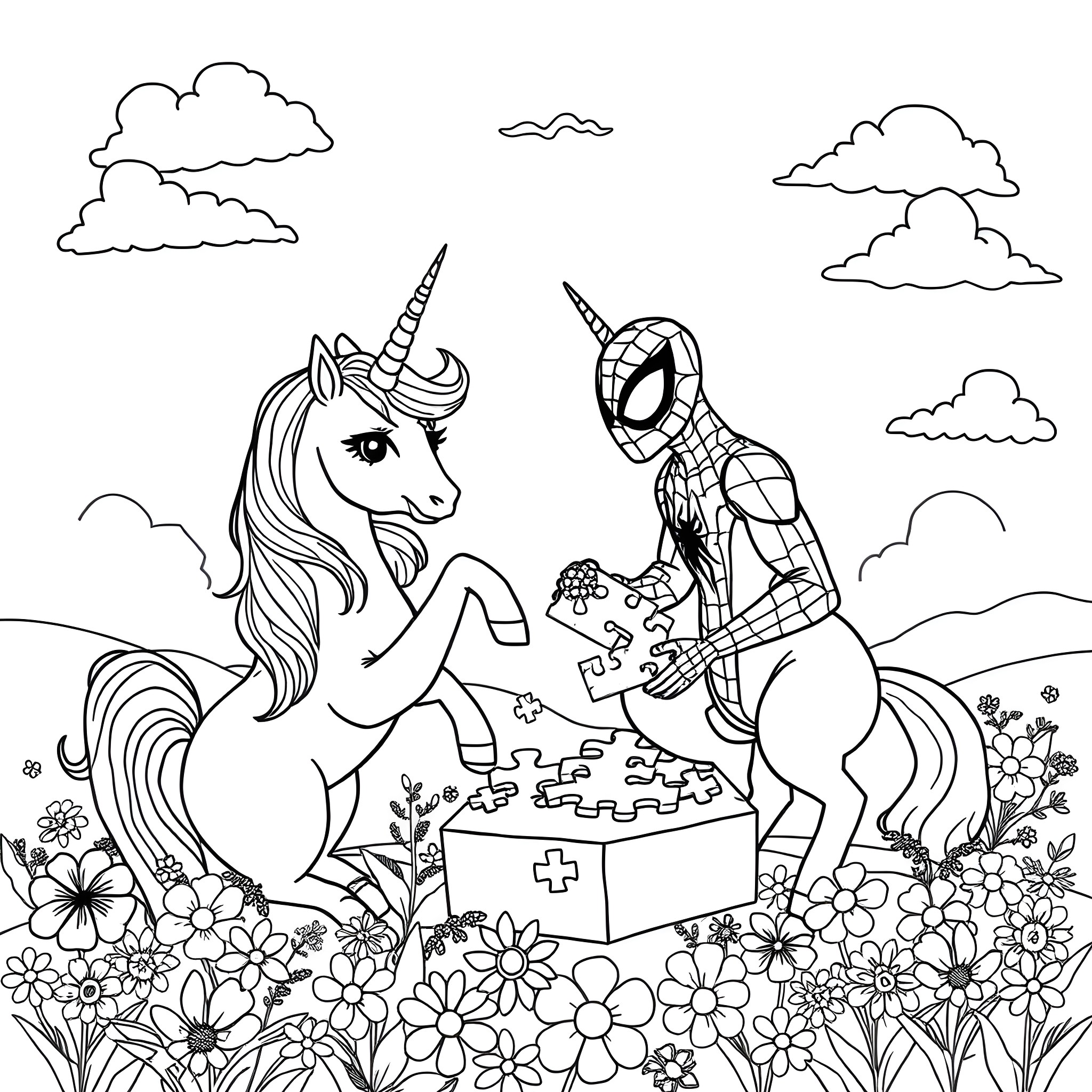 Unicorn and Superhero Playing Jigsaw Puzzle in Flower Field Coloring Page (free black-and-white line drawing printable PDF for all, from beginners to advanced learners, including children, teens, adults, and seniors)
