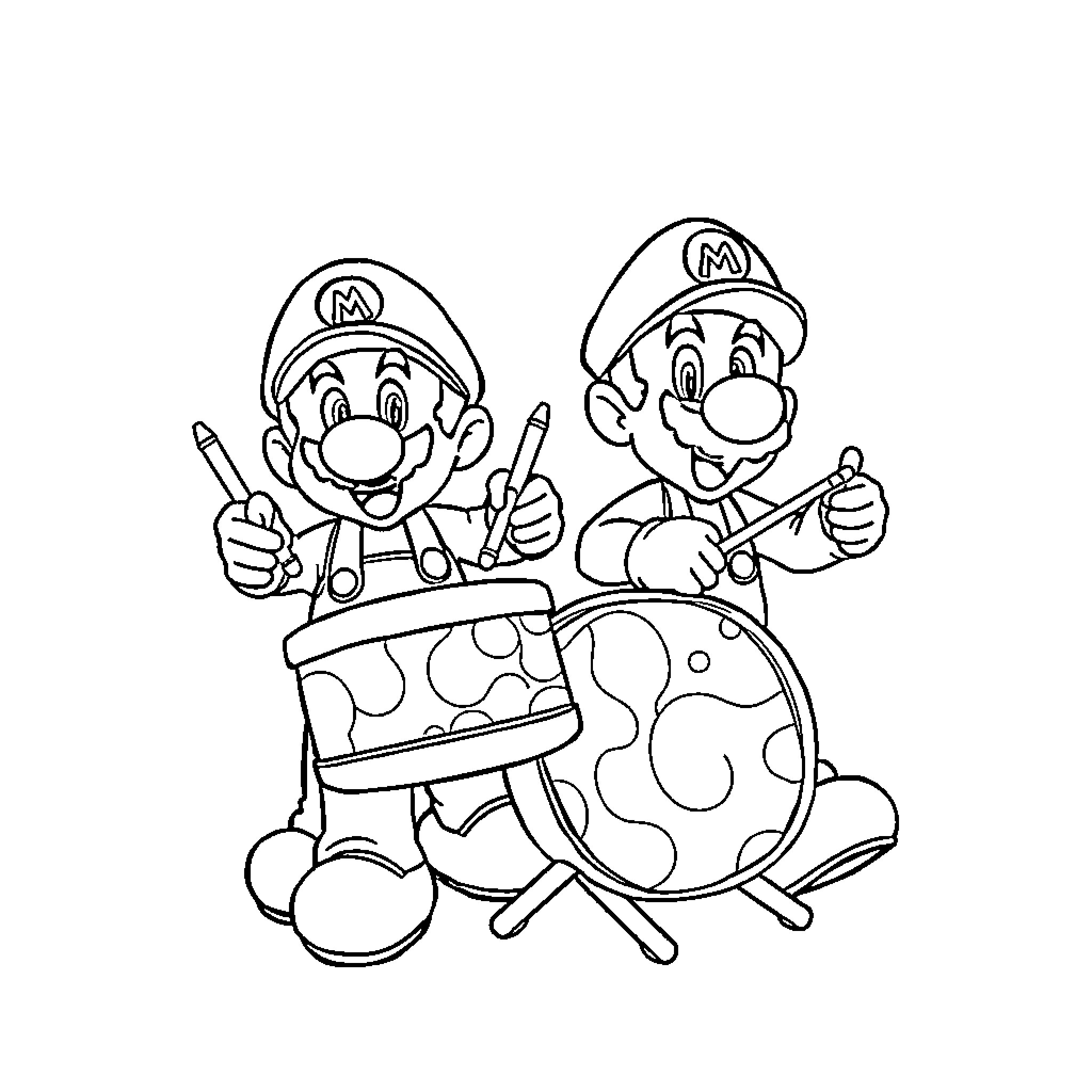 Mario and Luigi Playing Happily Coloring Page (free black-and-white line drawing printable PDF for all, from beginners to advanced learners, including children, teens, adults, and seniors)