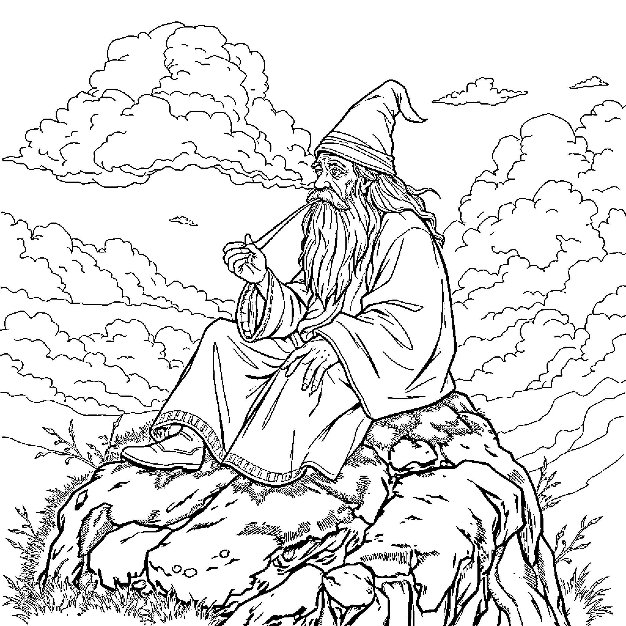 Gandalf contemplating in the cloud-covered landscape Coloring Page (free black-and-white line drawing printable PDF for all, from beginners to advanced learners, including children, teens, adults, and seniors)