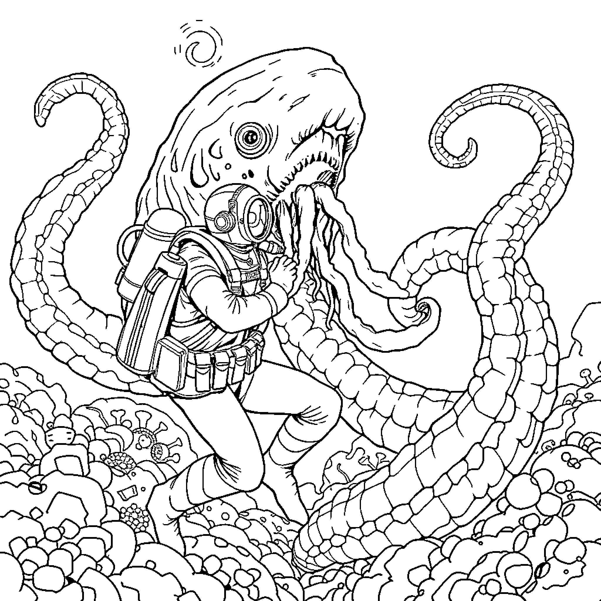 Diver exploring the deep sea with an octopus companion Coloring Page (free black-and-white line drawing printable PDF for all, from beginners to advanced learners, including children, teens, adults, and seniors)