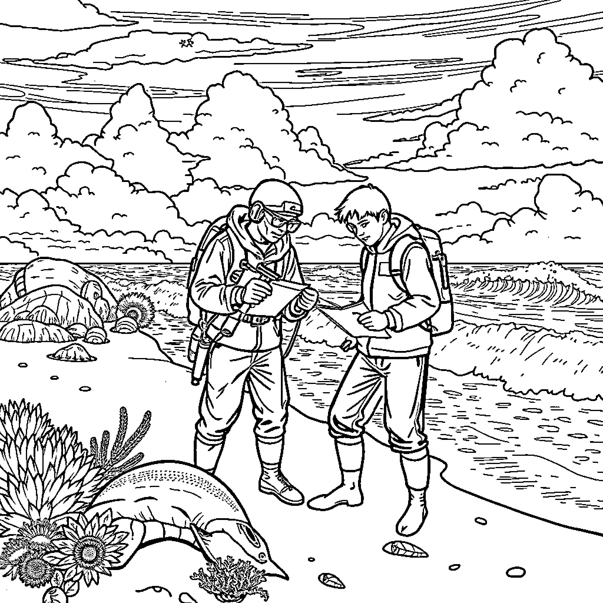 Beach adventure with friends in the outdoors Coloring Page (free black-and-white line drawing printable PDF for all, from beginners to advanced learners, including children, teens, adults, and seniors)