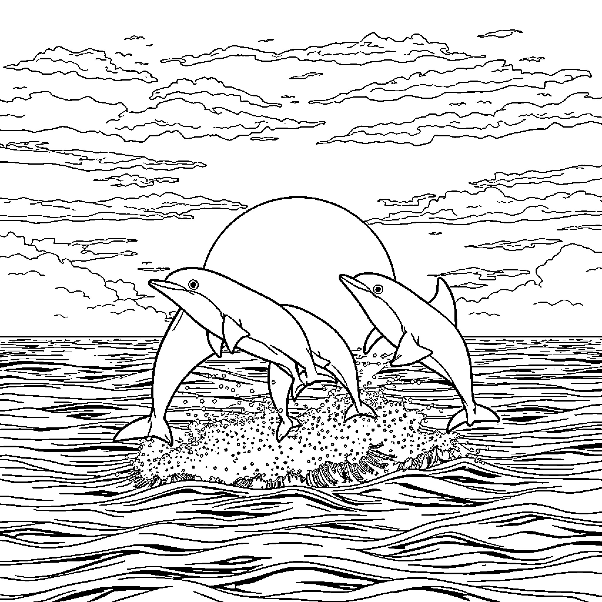 Dolphins leaping gracefully in the ocean waves Coloring Page (free black-and-white line drawing printable PDF for all, from beginners to advanced learners, including children, teens, adults, and seniors)