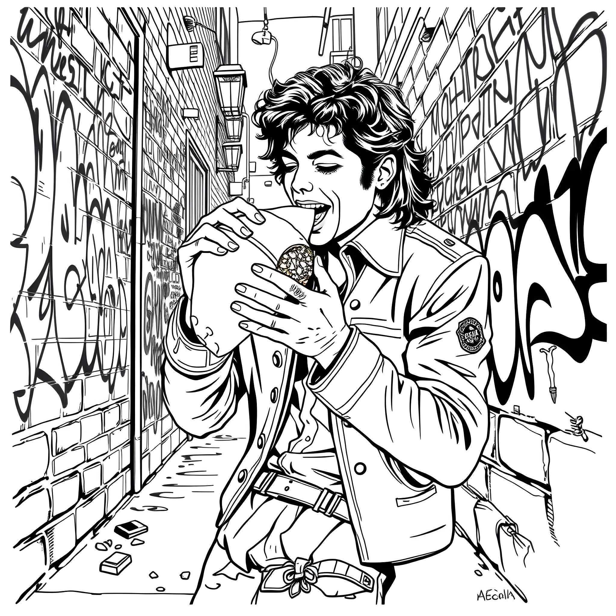 Michael Jackson performing on stage in an alley Coloring Page (free black-and-white line drawing printable PDF for all, from beginners to advanced learners, including children, teens, adults, and seniors)