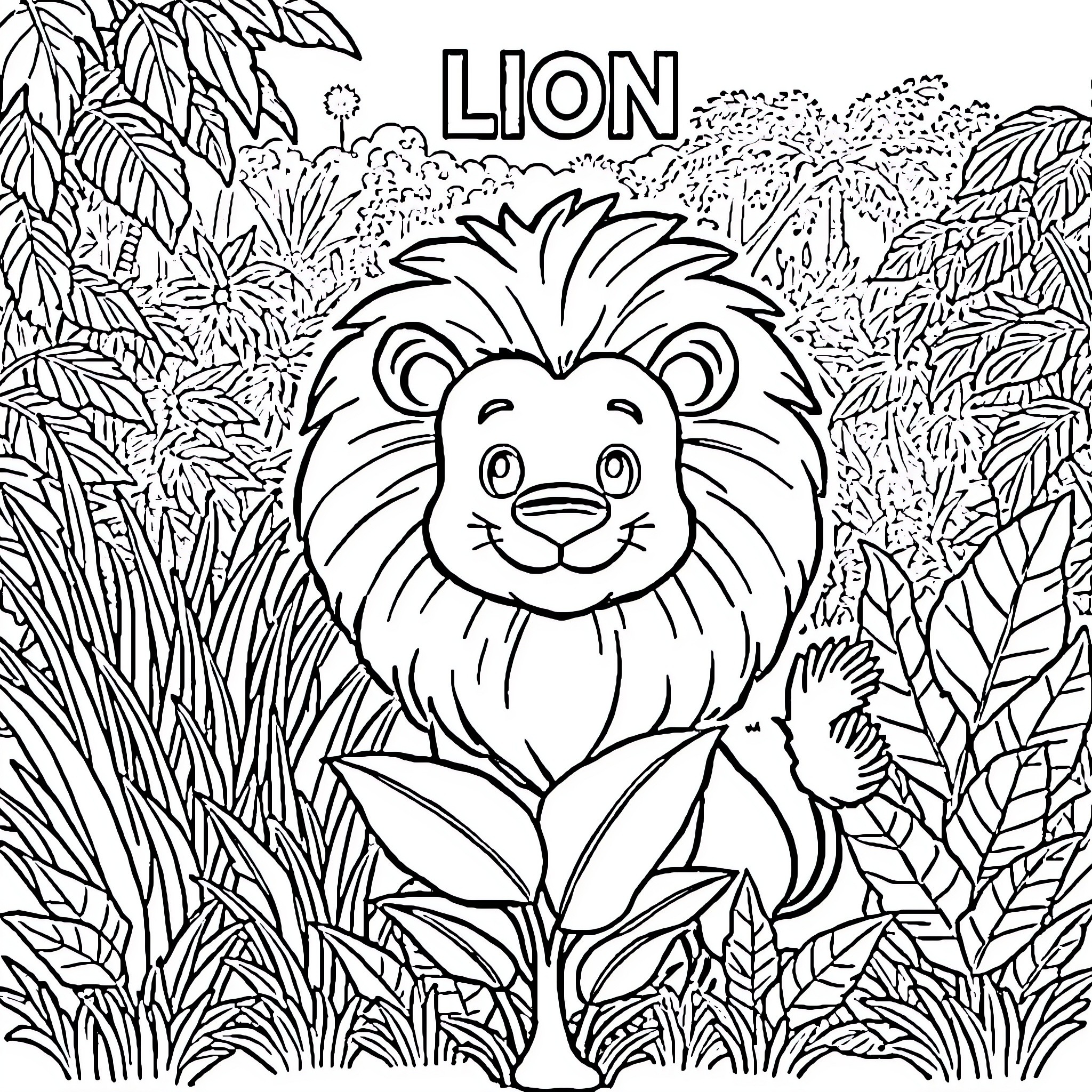 Lion in a lush jungle environment Coloring Page (free black-and-white line drawing printable PDF for all, from beginners to advanced learners, including children, teens, adults, and seniors)