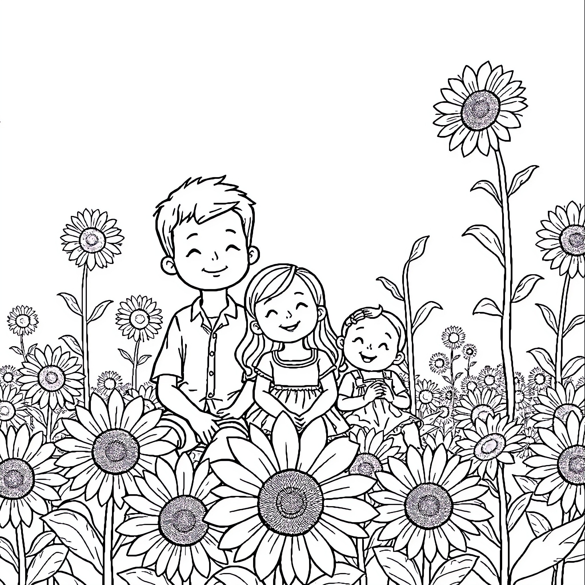 Siblings enjoying a sunny day in the sunflower field Coloring Page (free black-and-white line drawing printable PDF for all, from beginners to advanced learners, including children, teens, adults, and seniors)