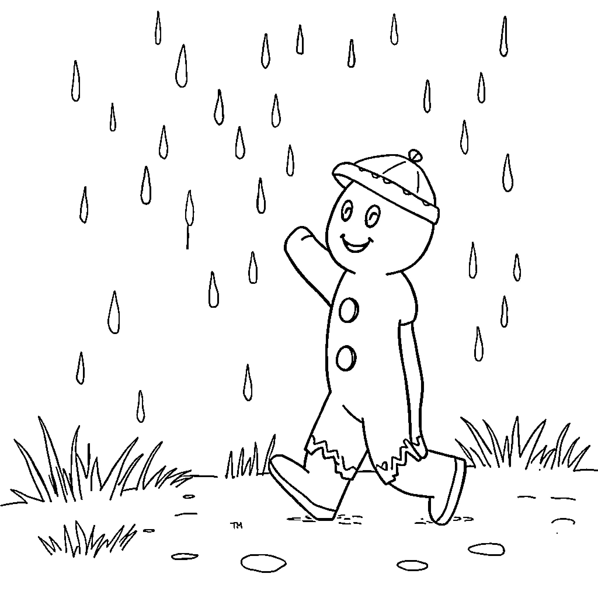 Gingerbread person enjoying rainy day Coloring Page (free black-and-white line drawing printable PDF for all, from beginners to advanced learners, including children, teens, adults, and seniors)