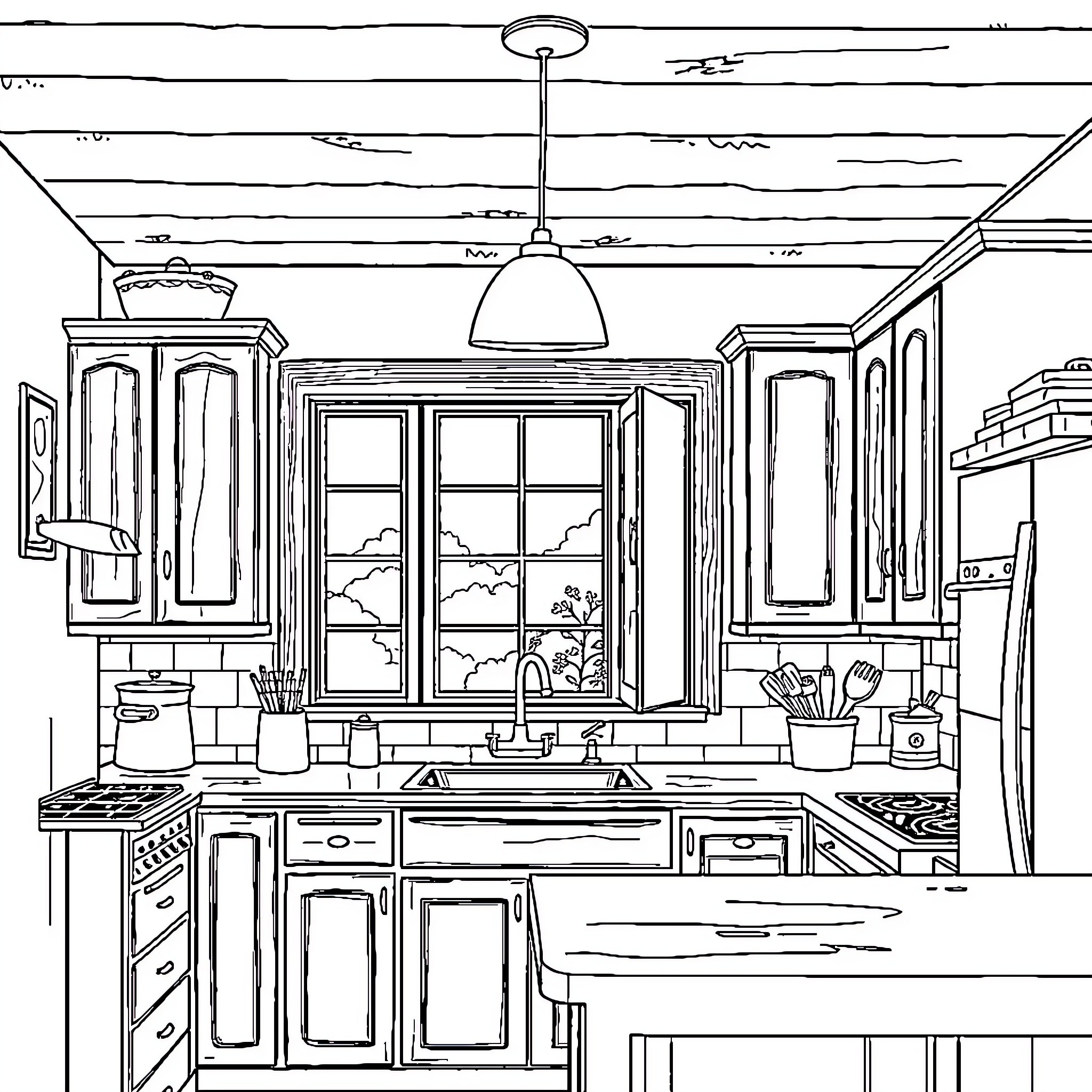 Kitchen with open windows, cabinets, and cooking equipment Coloring Page (free black-and-white line drawing printable PDF for all, from beginners to advanced learners, including children, teens, adults, and seniors)