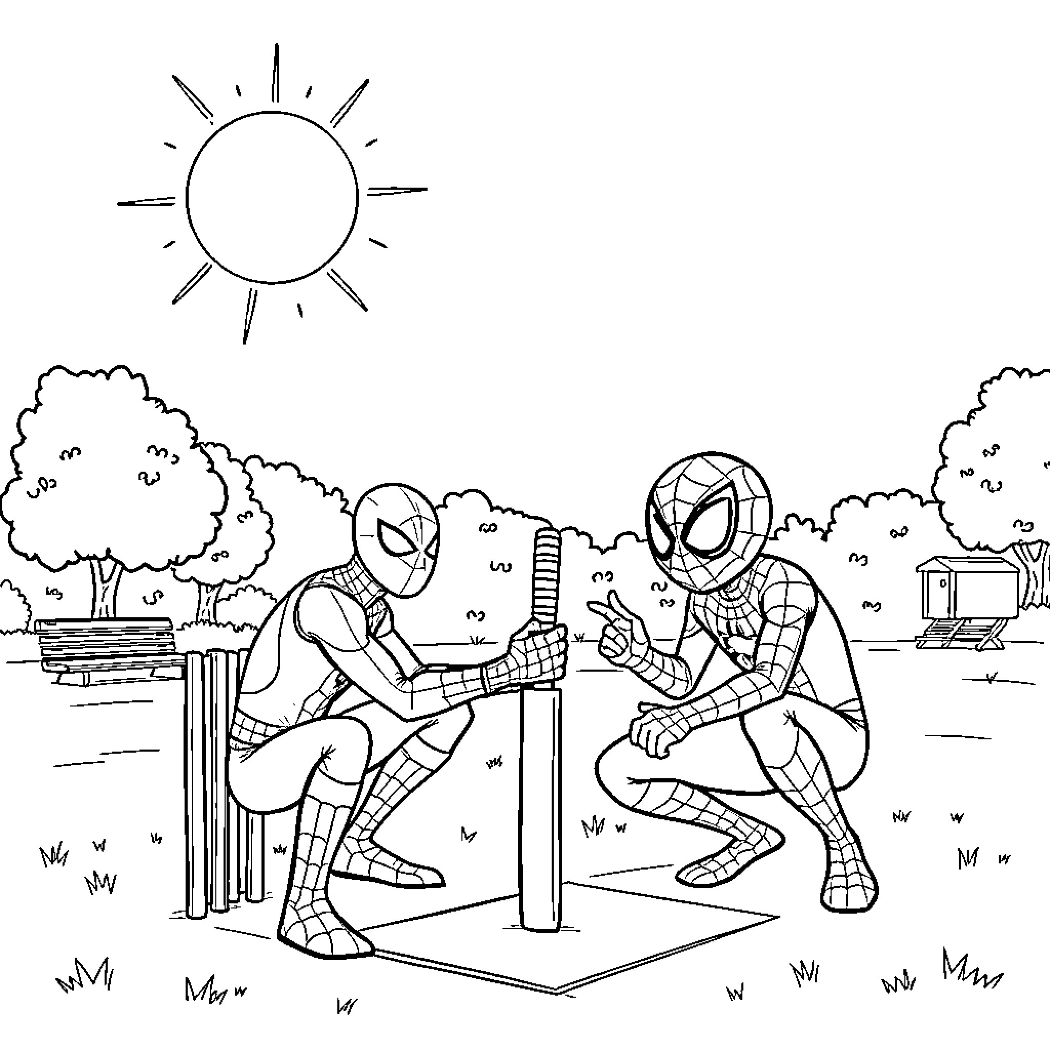 Spider-Man characters engaged in a friendly conversation Coloring Page (free black-and-white line drawing printable PDF for all, from beginners to advanced learners, including children, teens, adults, and seniors)