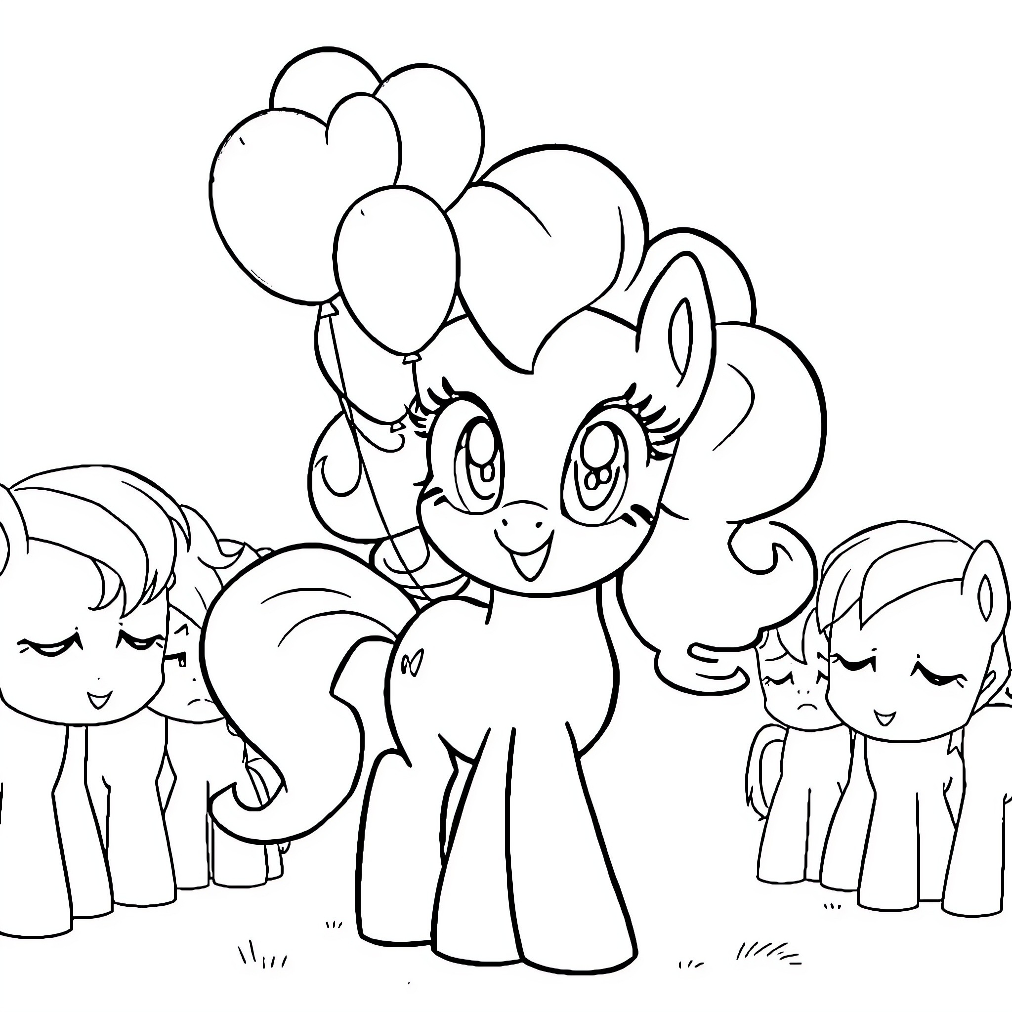 Pony friends enjoying a party with balloons Coloring Page (free black-and-white line drawing printable PDF for all, from beginners to advanced learners, including children, teens, adults, and seniors)