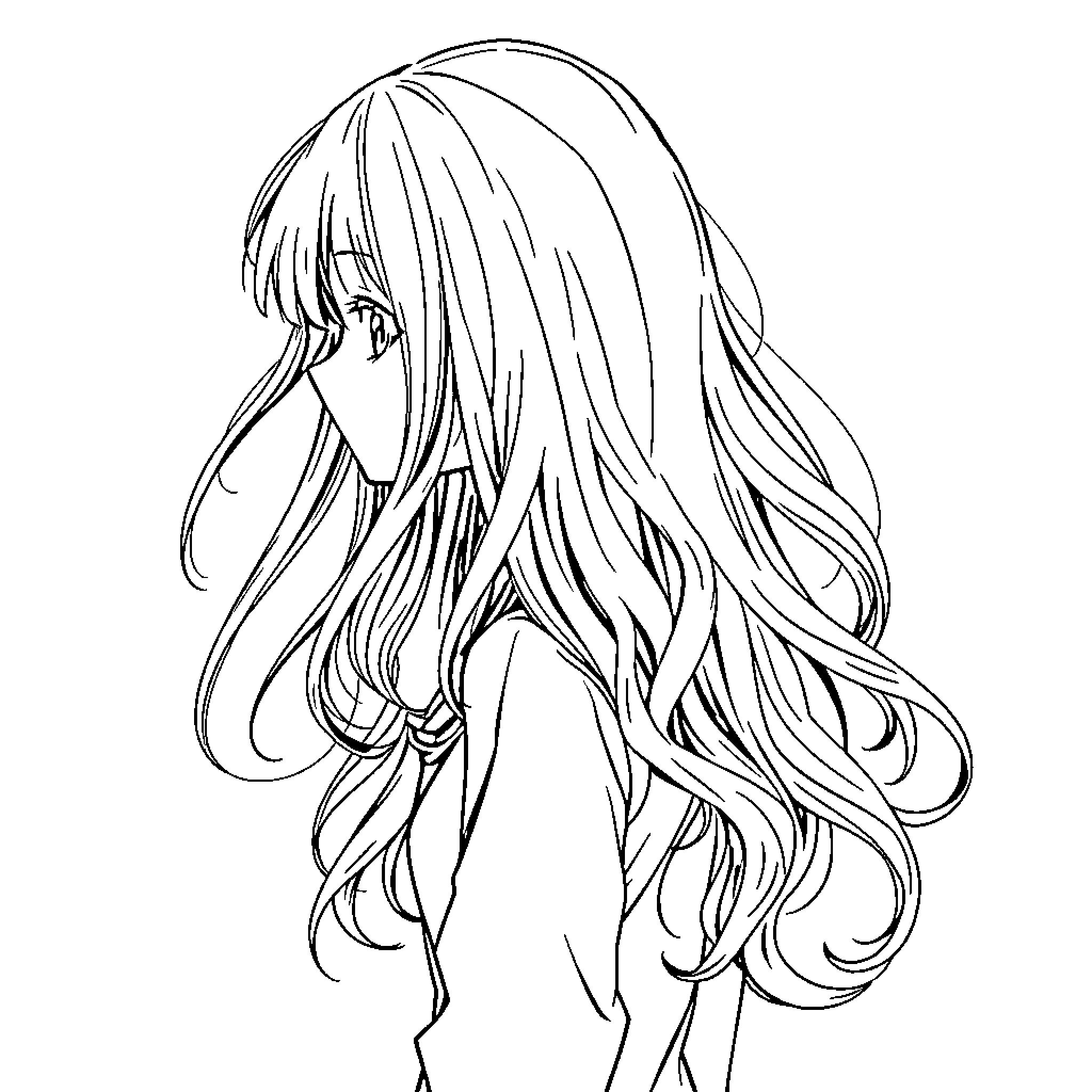 Anime Girl with Flowing Hair Coloring Page (free black-and-white line drawing printable PDF for all, from beginners to advanced learners, including children, teens, adults, and seniors)