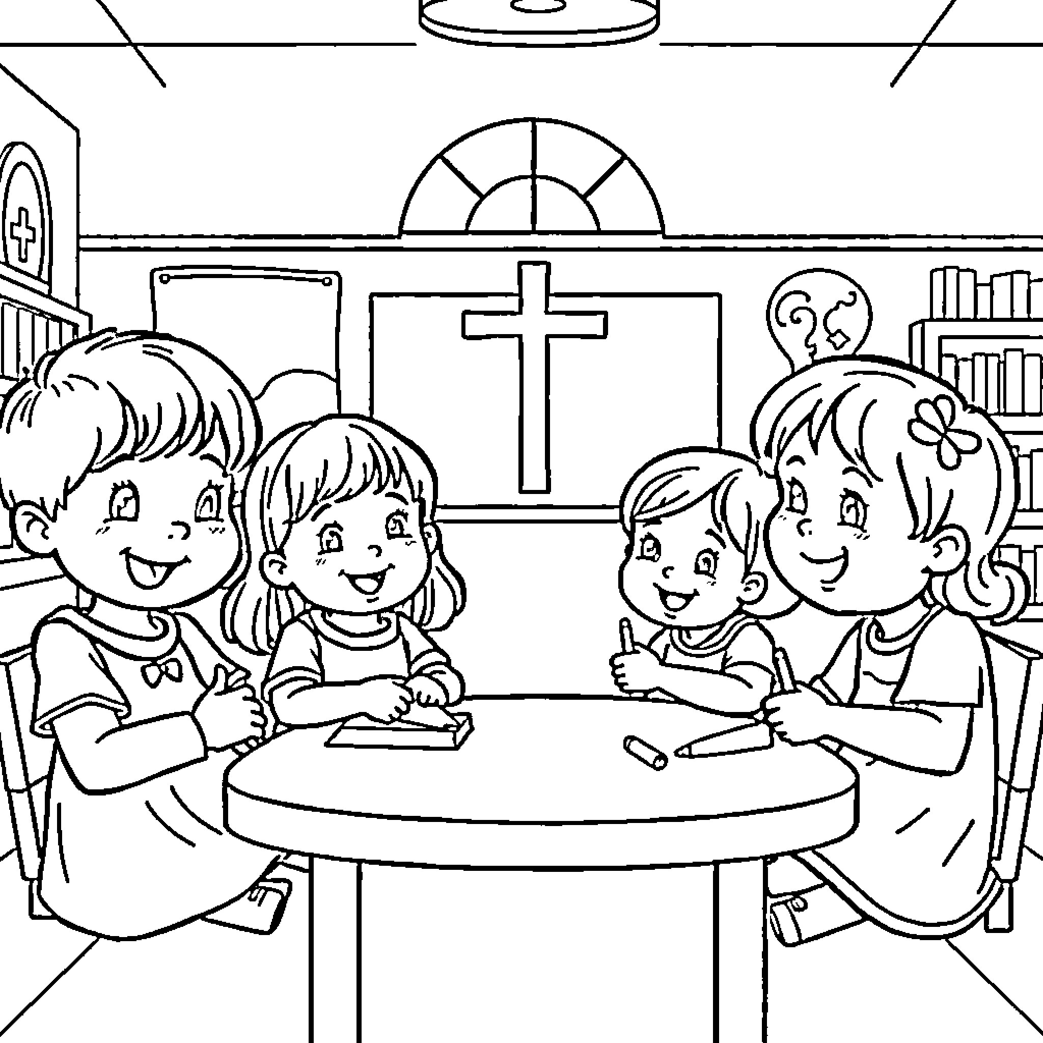 Pre K Sunday School Children Engaged in Classroom Activities Coloring Page (free black-and-white line drawing printable PDF for all, from beginners to advanced learners, including children, teens, adults, and seniors)