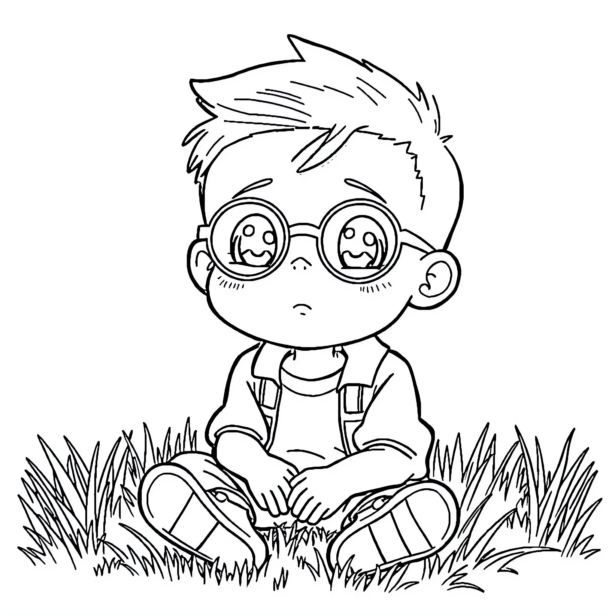 Nobita playing happily in the grass Coloring Page (free black-and-white line drawing printable PDF for all, from beginners to advanced learners, including children, teens, adults, and seniors)