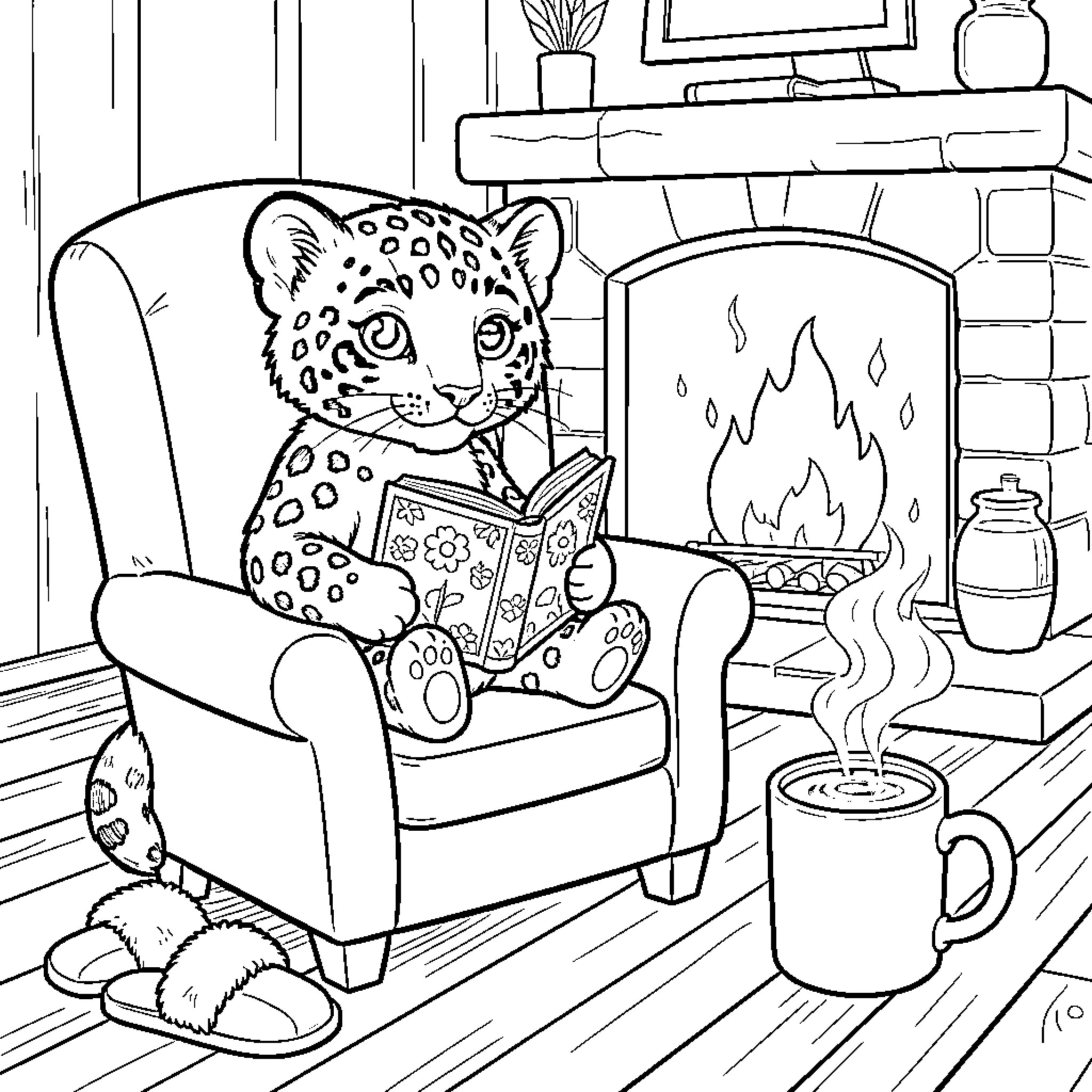 Baby Snow Leopard Reading Book by Fireplace Coloring Page (free black-and-white line drawing printable PDF for all, from beginners to advanced learners, including children, teens, adults, and seniors)