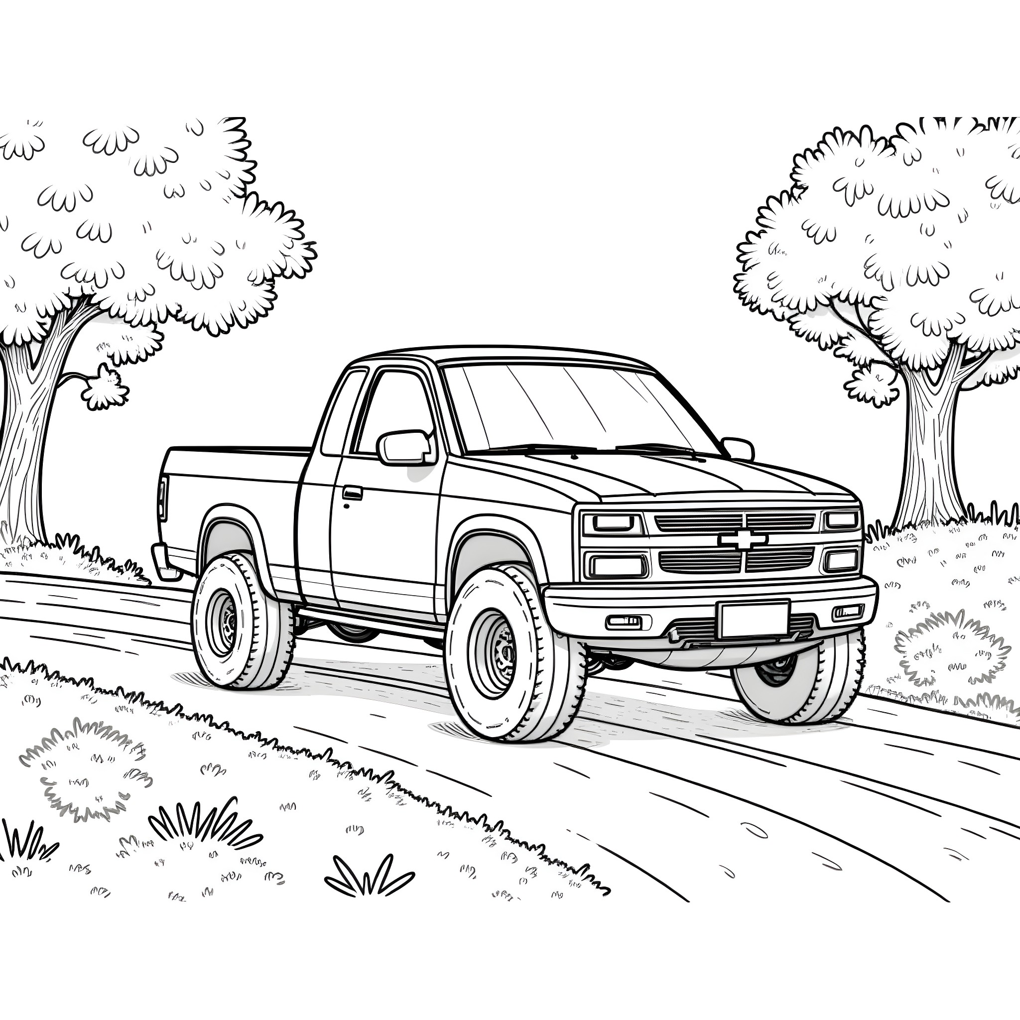 Wrecker Truck hauling through the wilderness Coloring Page (free black-and-white line drawing printable PDF for all, from beginners to advanced learners, including children, teens, adults, and seniors)