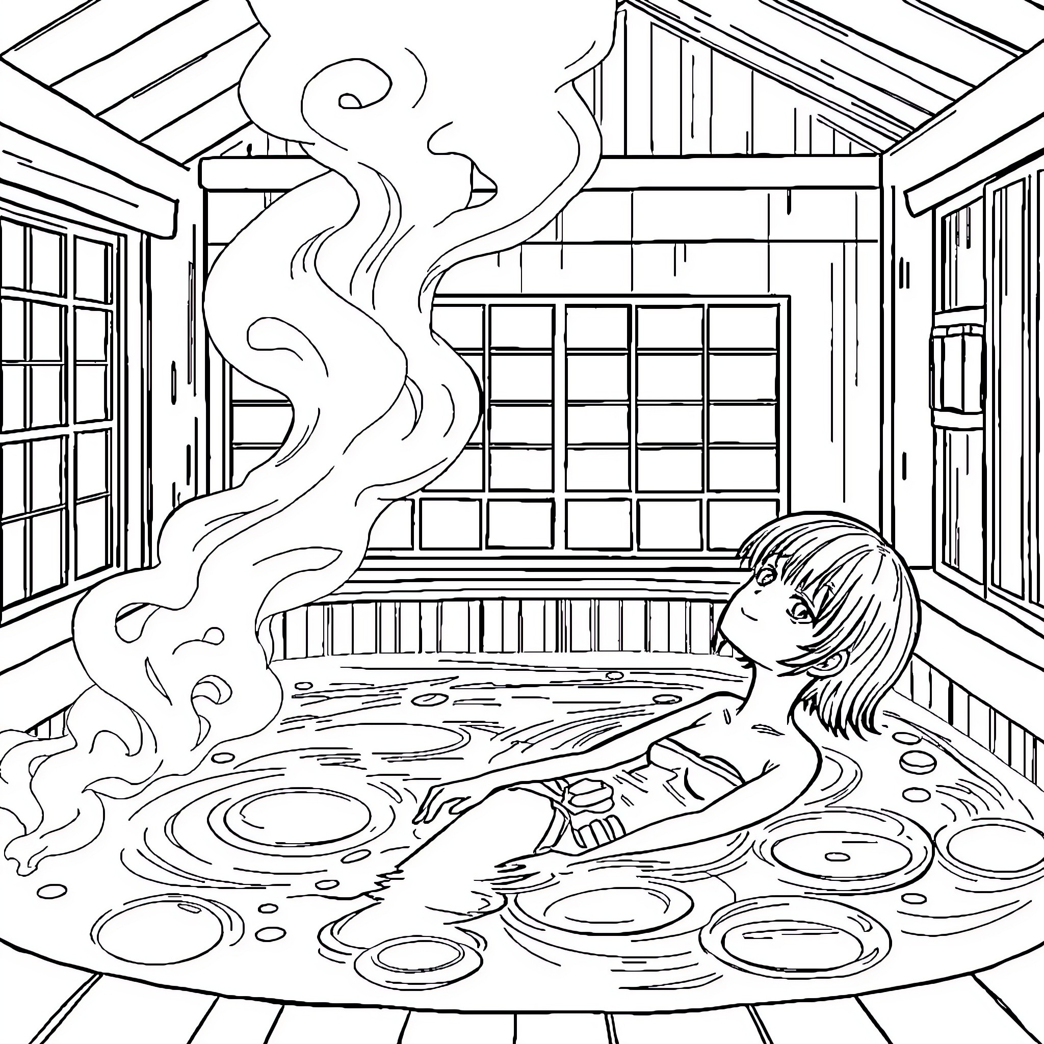 Anime Girl Relaxing in Outdoor Hot Spring Coloring Page (free black-and-white line drawing printable PDF for all, from beginners to advanced learners, including children, teens, adults, and seniors)