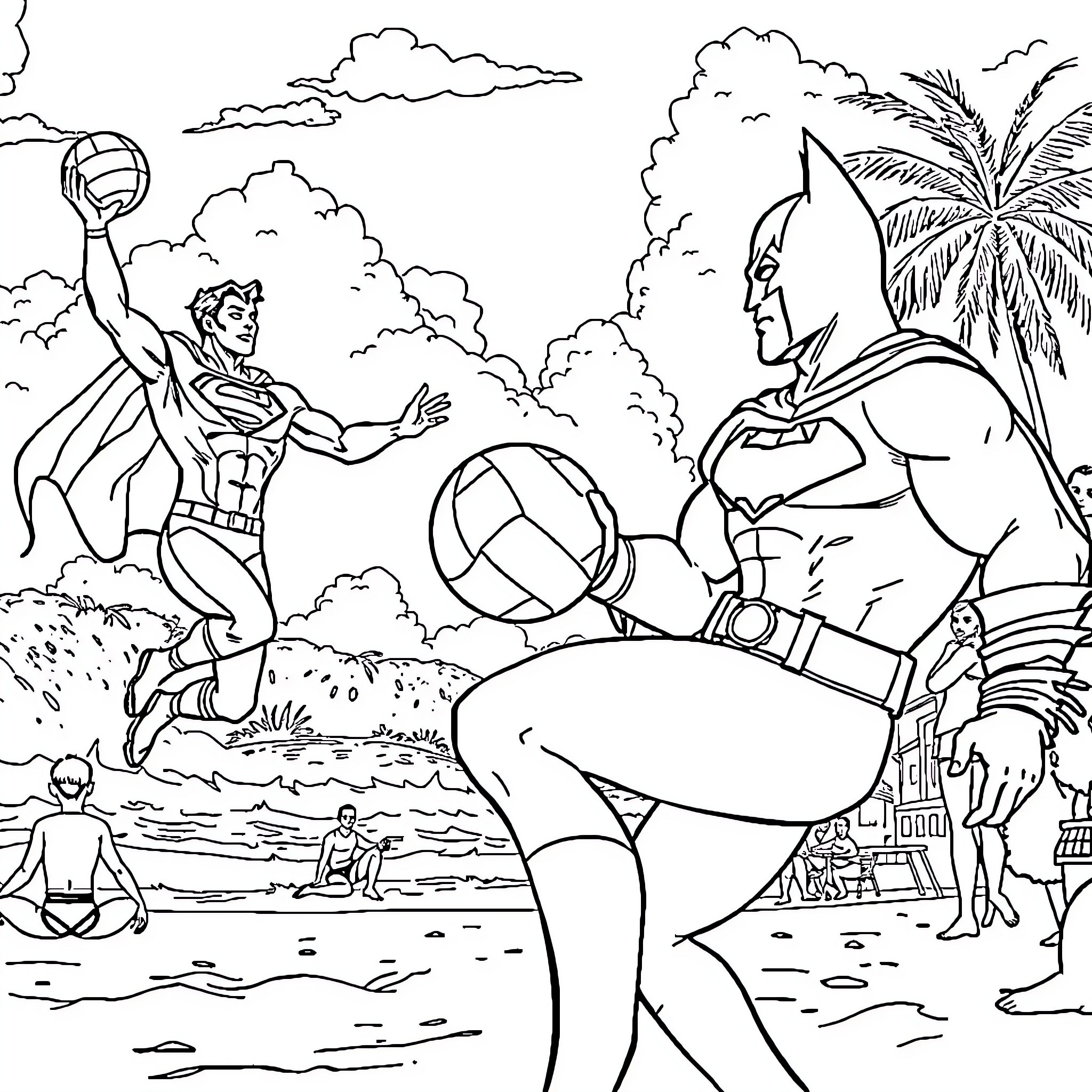 Superman's Island Adventure with Superheroes Coloring Page (free black-and-white line drawing printable PDF for all, from beginners to advanced learners, including children, teens, adults, and seniors)