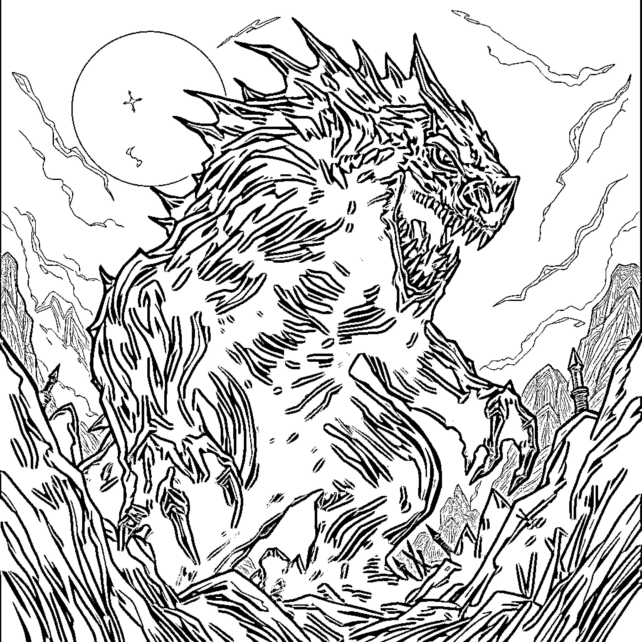 Monster emerging from a dark, stormy landscape Coloring Page (free black-and-white line drawing printable PDF for all, from beginners to advanced learners, including children, teens, adults, and seniors)