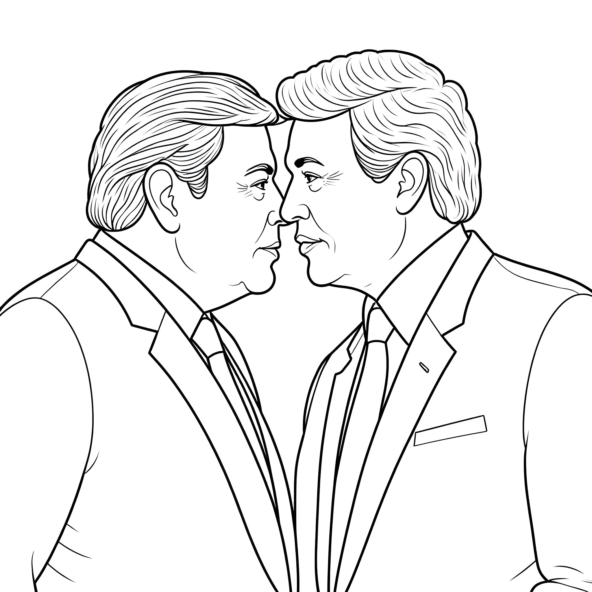 Donald Trump and another politician in a confrontational pose Coloring Page (free black-and-white line drawing printable PDF for all, from beginners to advanced learners, including children, teens, adults, and seniors)