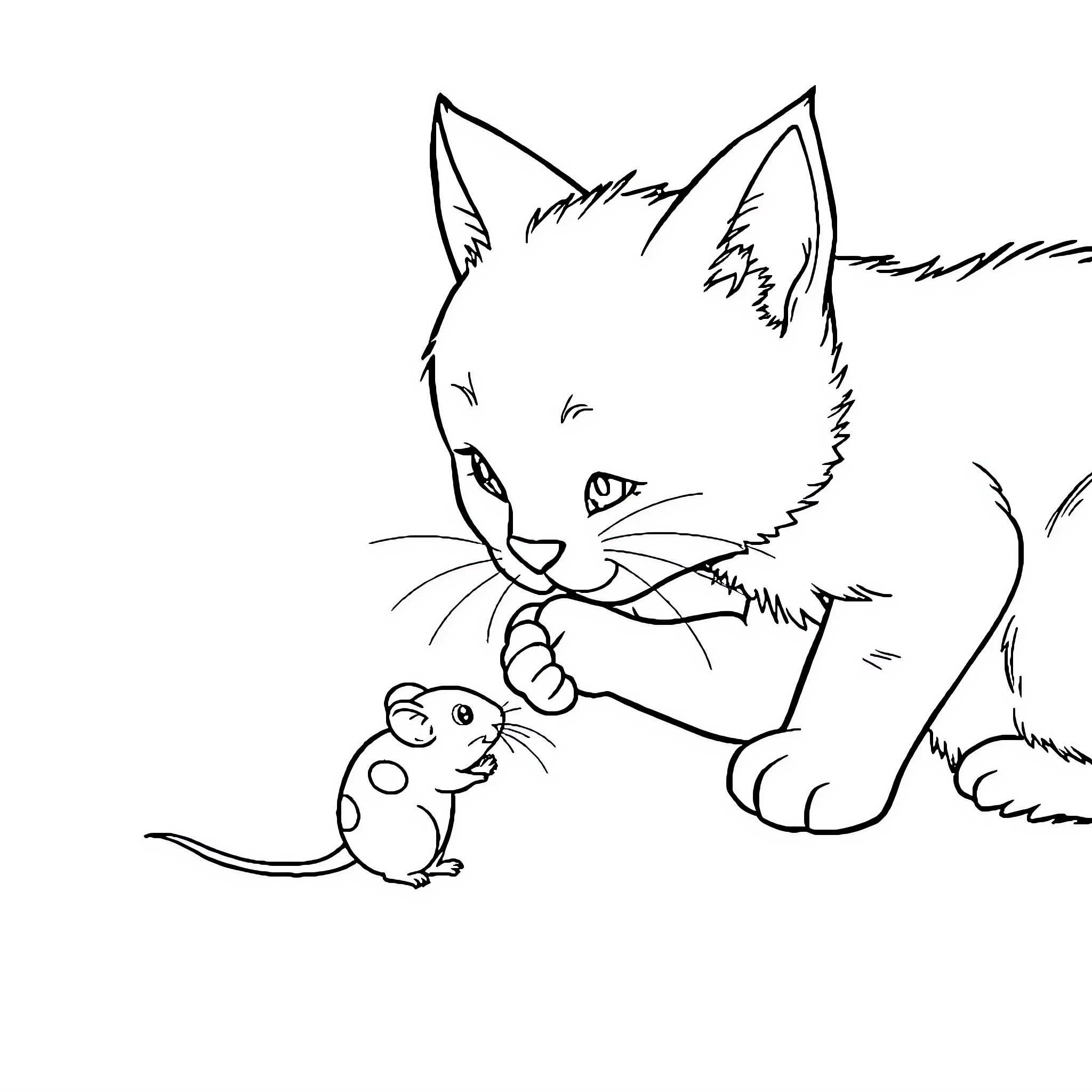 Cat curiously examining a mouse Coloring Page (free black-and-white line drawing printable PDF for all, from beginners to advanced learners, including children, teens, adults, and seniors)