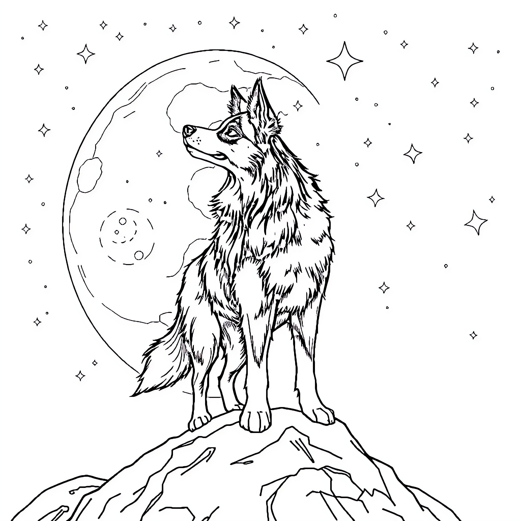 Border Collie Gazing at the Starry Night Sky Coloring Page (free black-and-white line drawing printable PDF for all, from beginners to advanced learners, including children, teens, adults, and seniors)