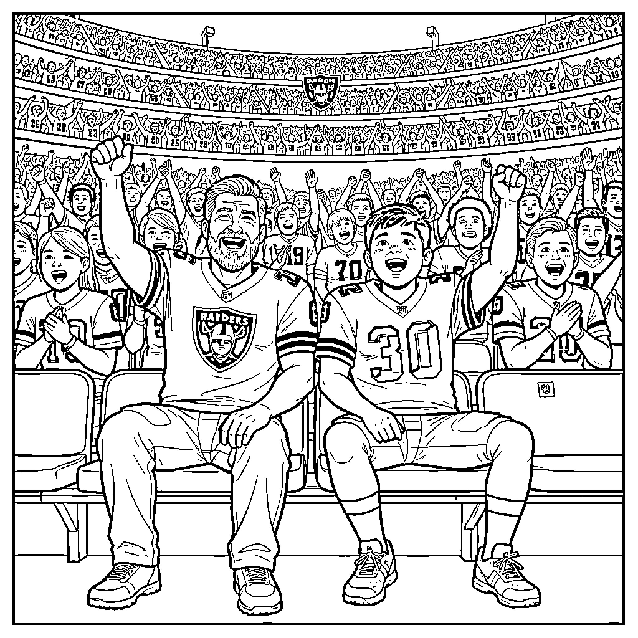 Dad and son cheering excitedly at a football stadium Coloring Page (free black-and-white line drawing printable PDF for all, from beginners to advanced learners, including children, teens, adults, and seniors)