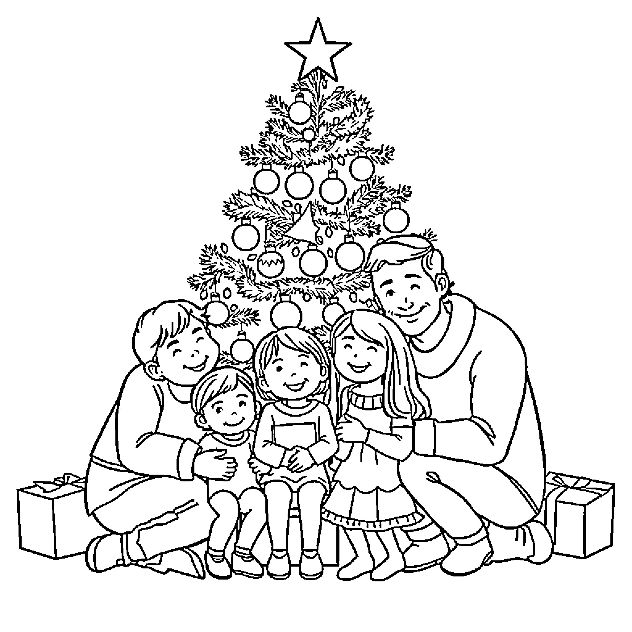 Family Gathered Around Christmas Tree Coloring Page (free black-and-white line drawing printable PDF for all, from beginners to advanced learners, including children, teens, adults, and seniors)
