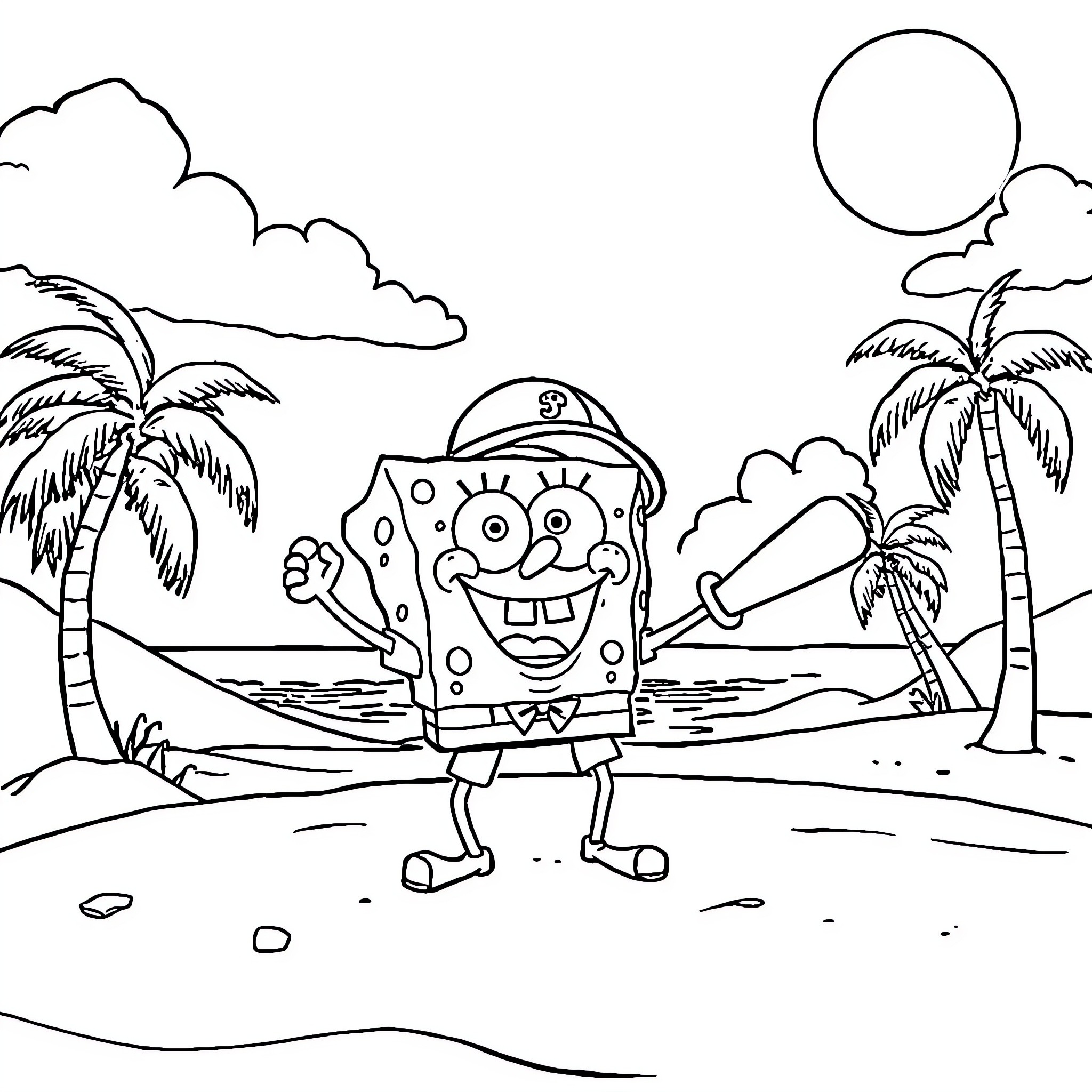 Spongebob's Tropical Adventure Coloring Page (free black-and-white line drawing printable PDF for all, from beginners to advanced learners, including children, teens, adults, and seniors)