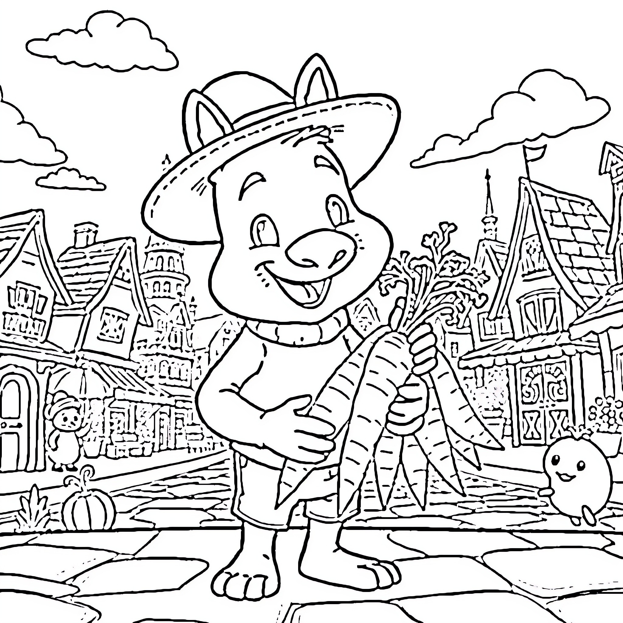 Sancho's Lively Adventures in the Quaint Village Coloring Page (free black-and-white line drawing printable PDF for all, from beginners to advanced learners, including children, teens, adults, and seniors)