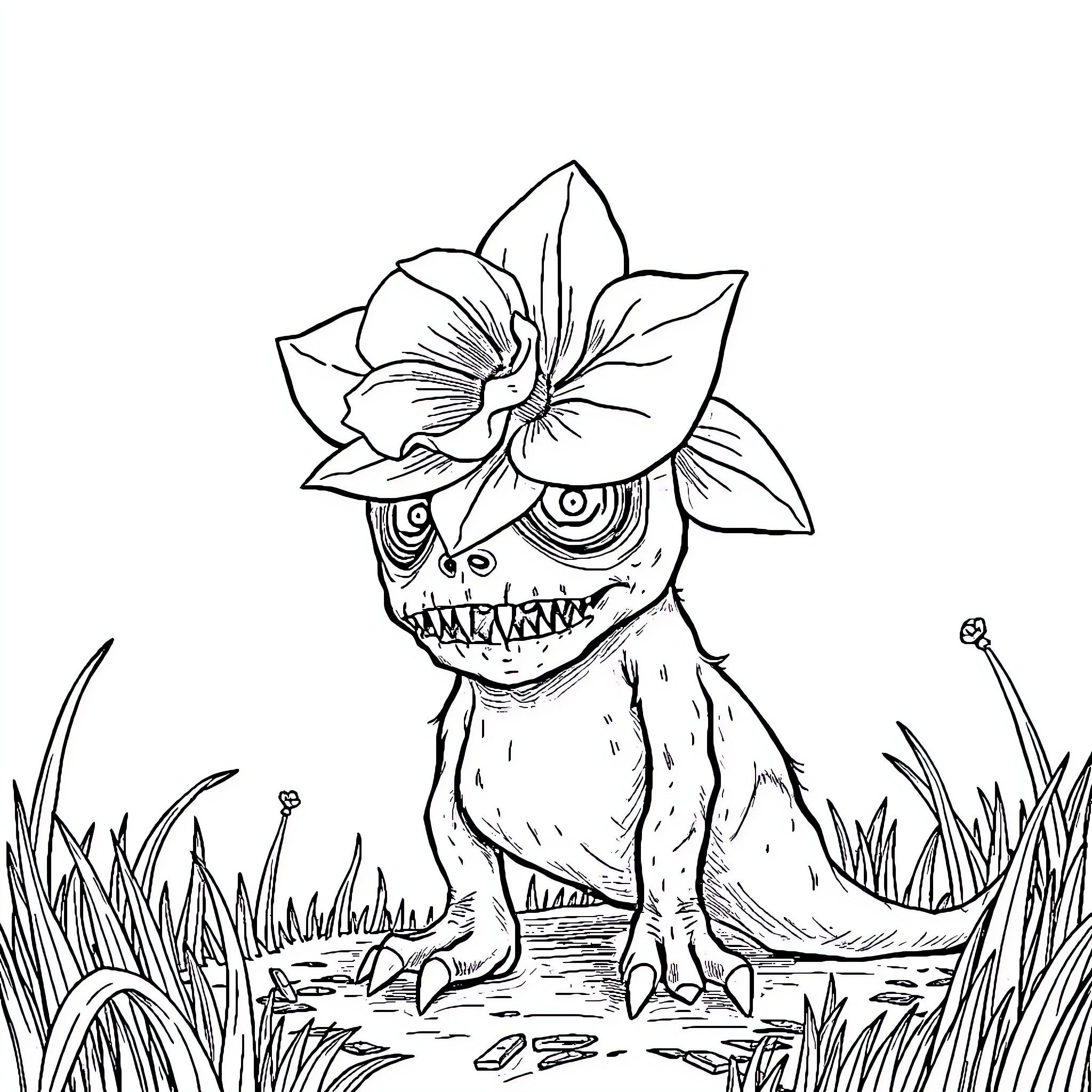 Daffodil-crowned creature exploring the grassland Coloring Page (free black-and-white line drawing printable PDF for all, from beginners to advanced learners, including children, teens, adults, and seniors)